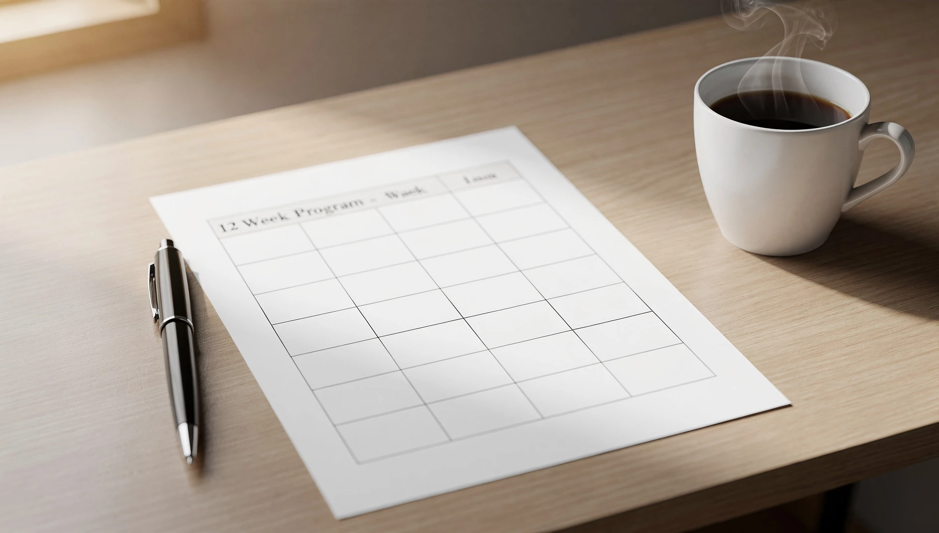 A printed 12-week program grid on a desk next to a pen and coffee in warm natural light