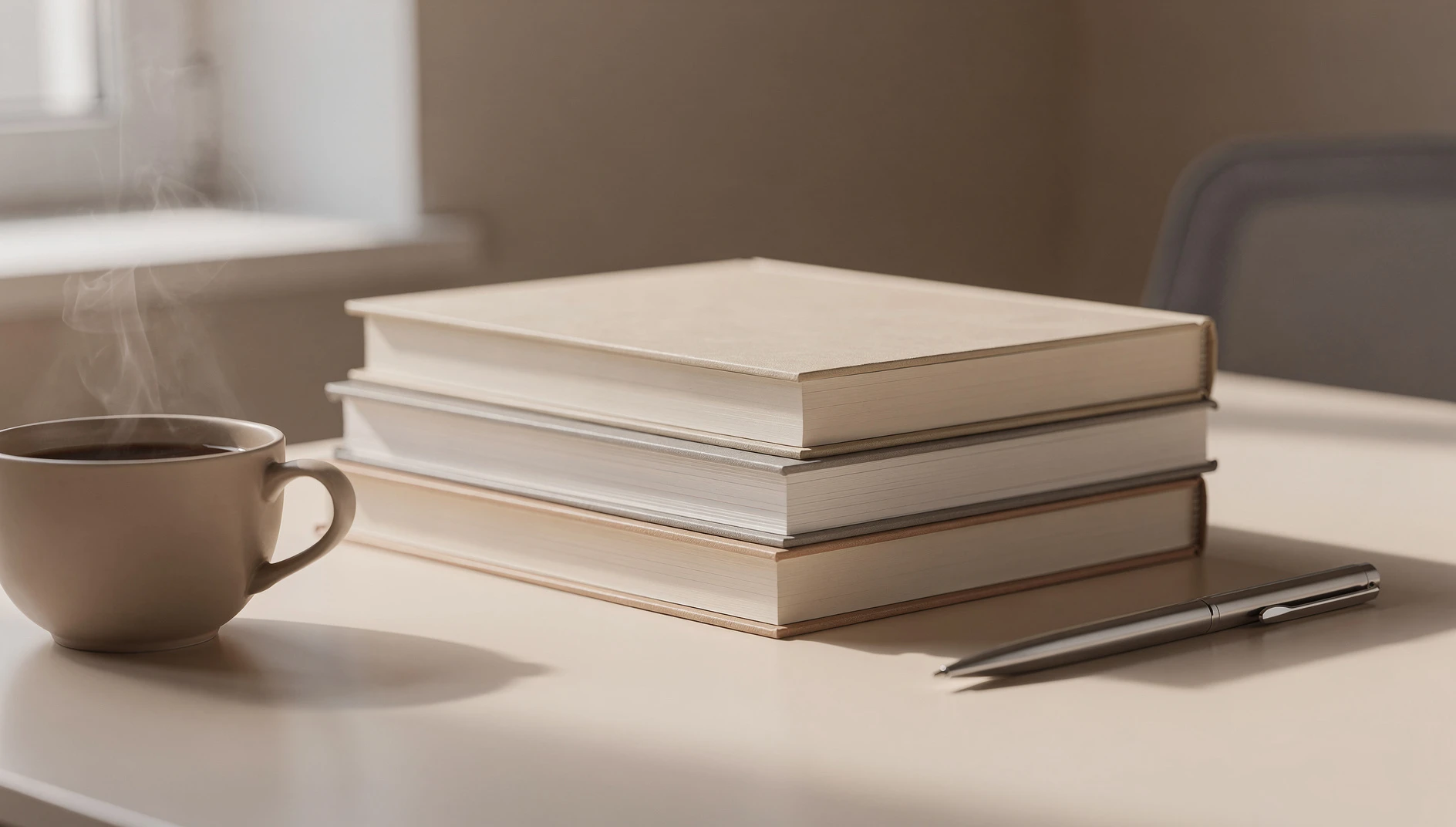 Three stacked books on a clean desk with a pen and coffee in soft daylight