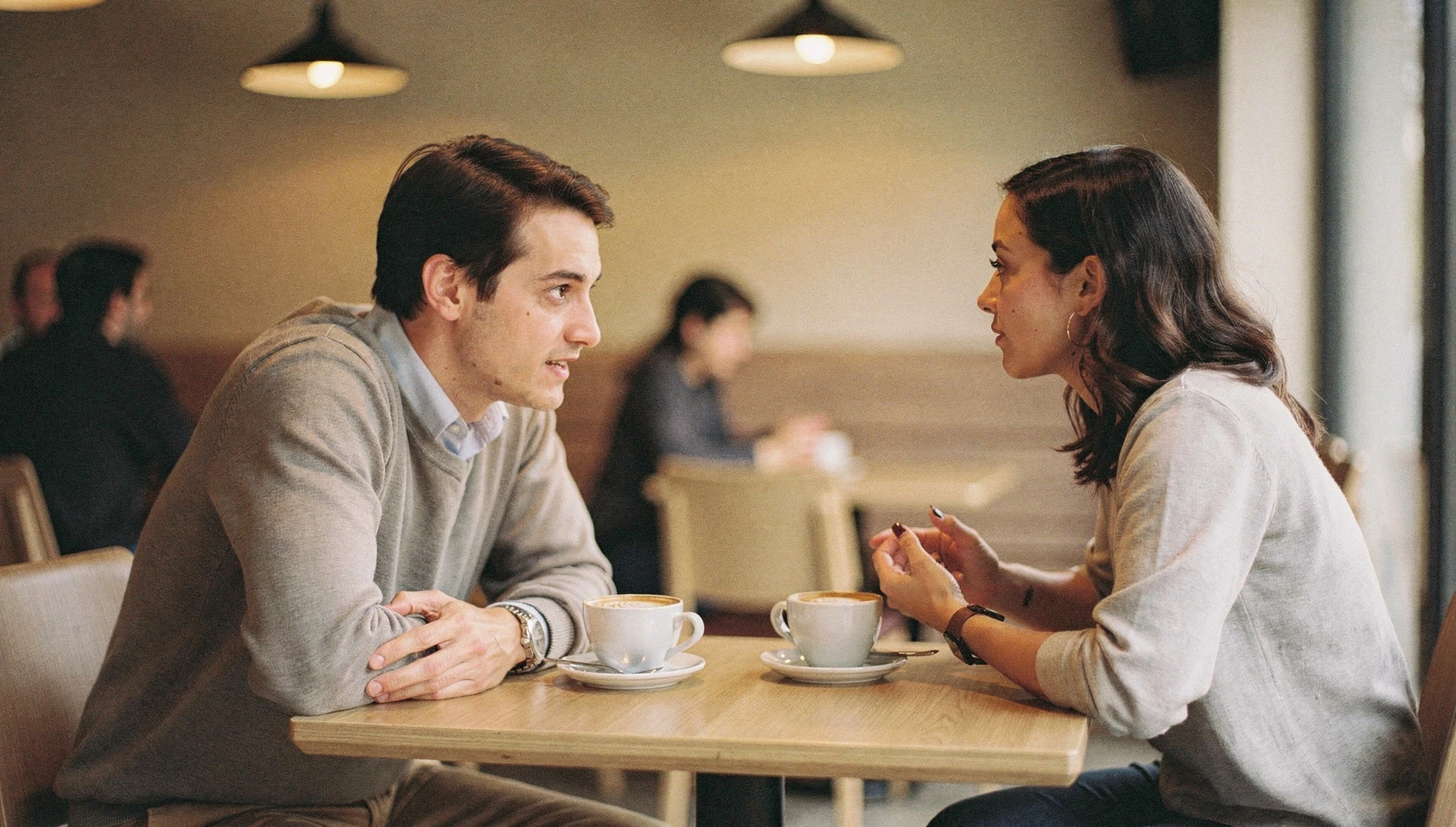 Two people in relaxed engaged conversation at a café table with warm café light