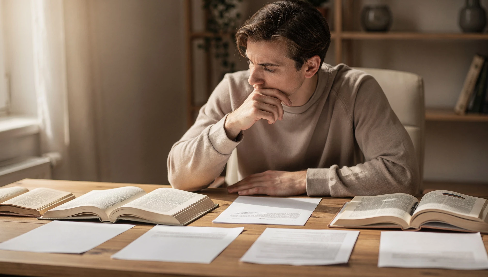 A person at a desk with multiple documents spread out comparing options in soft natural light