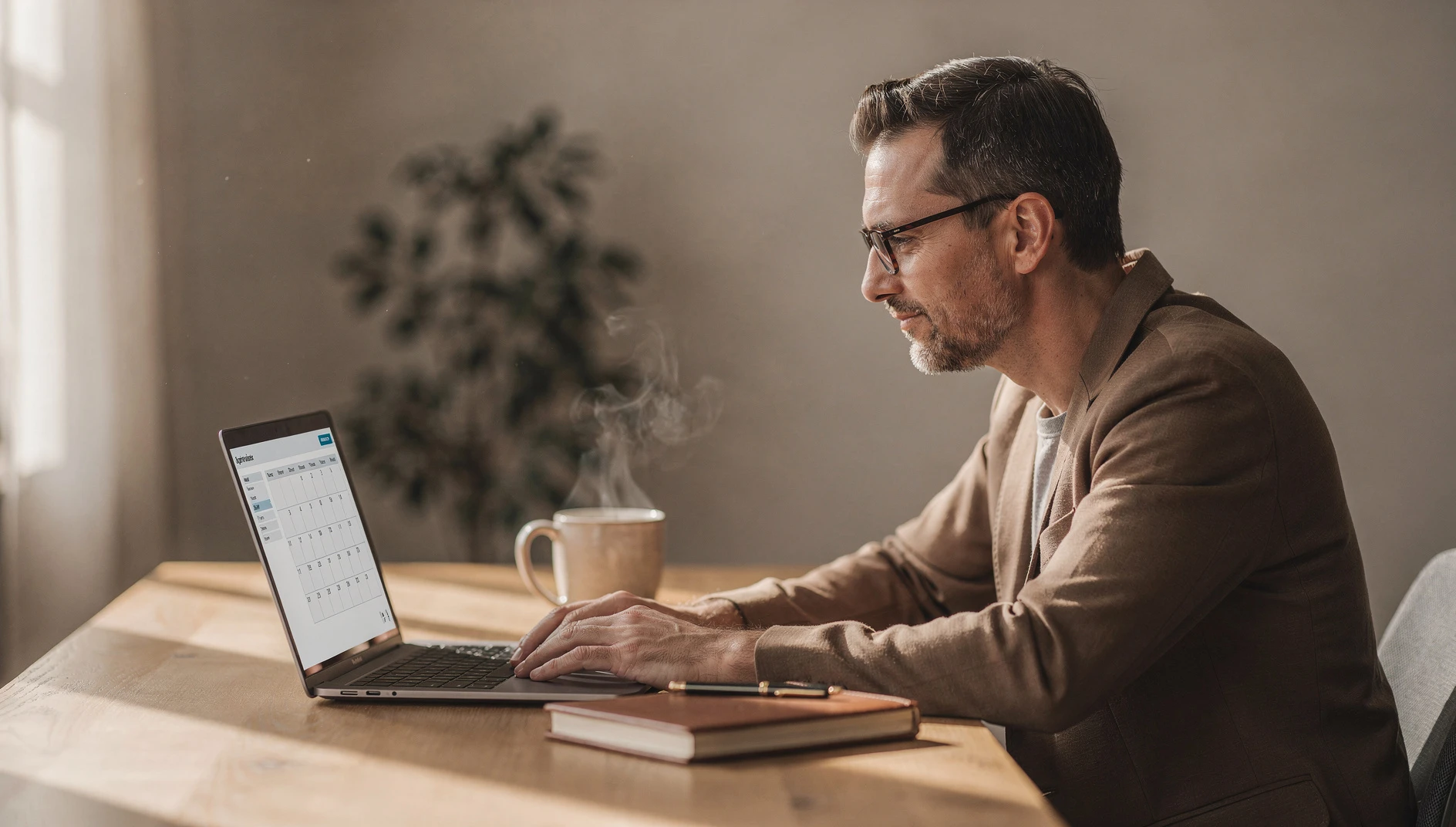 A professional coach reviewing a calendar on a laptop at a desk with coffee in morning window light