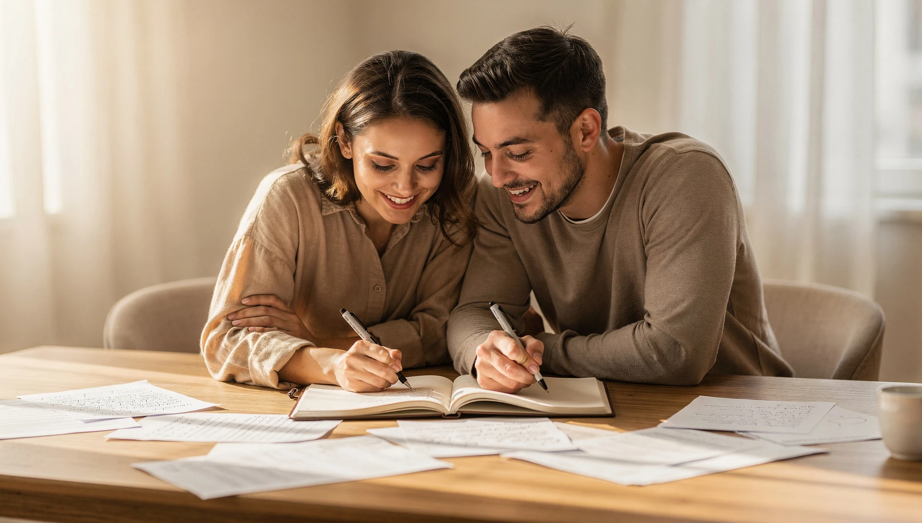 Two people reviewing notes together at a table with warm natural light and a notebook visible between them