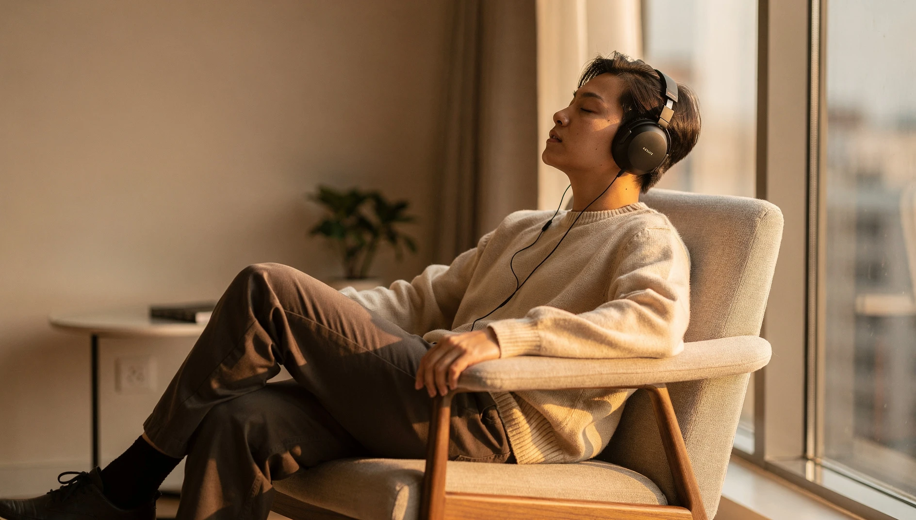 A person listening to headphones while sitting in a comfortable chair by a bright window in warm afternoon light