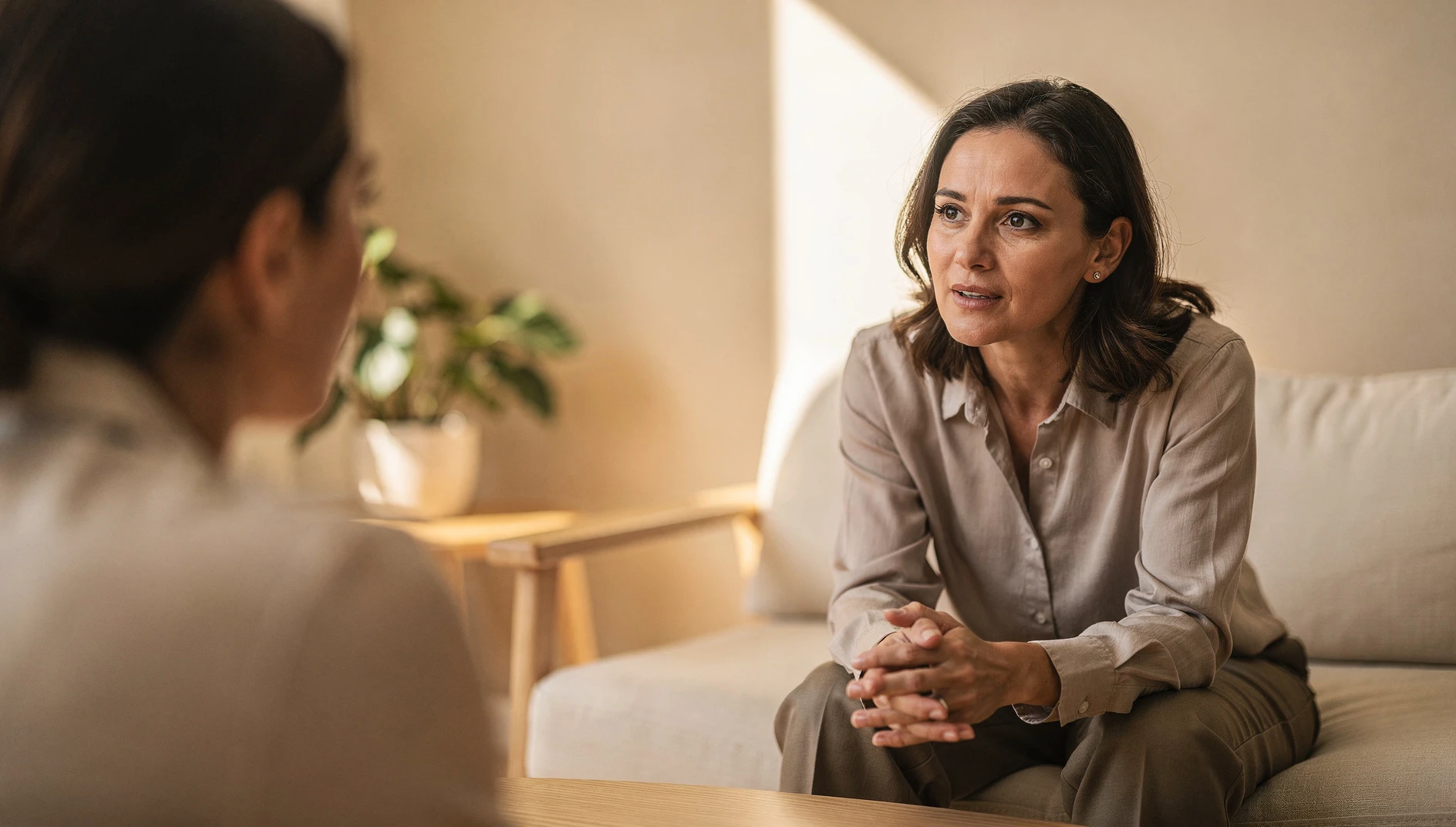 A coach leaning forward attentively during a conversation in a bright room with warm natural light