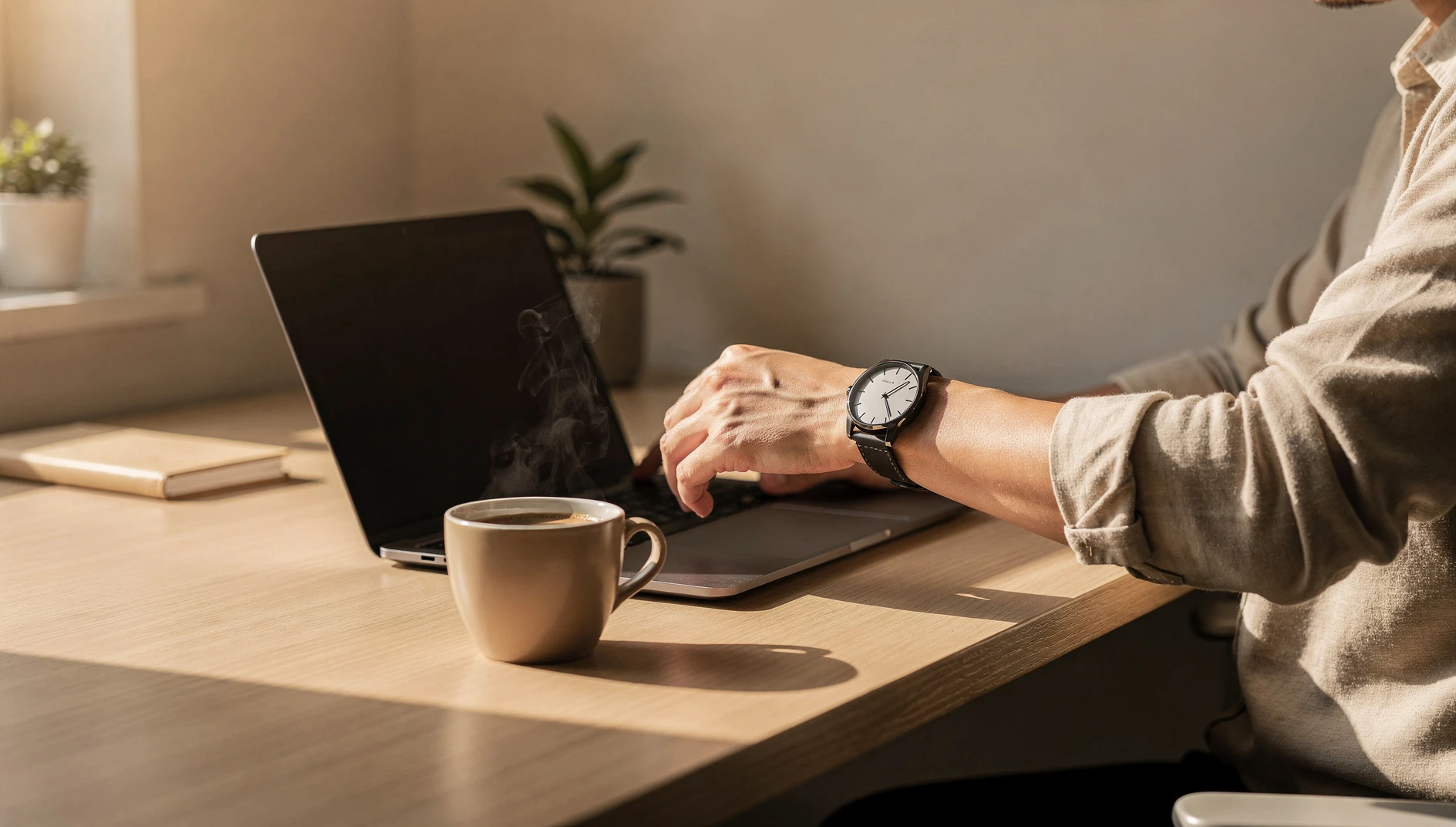 A person checking a watch at a desk with a laptop and coffee in warm morning light