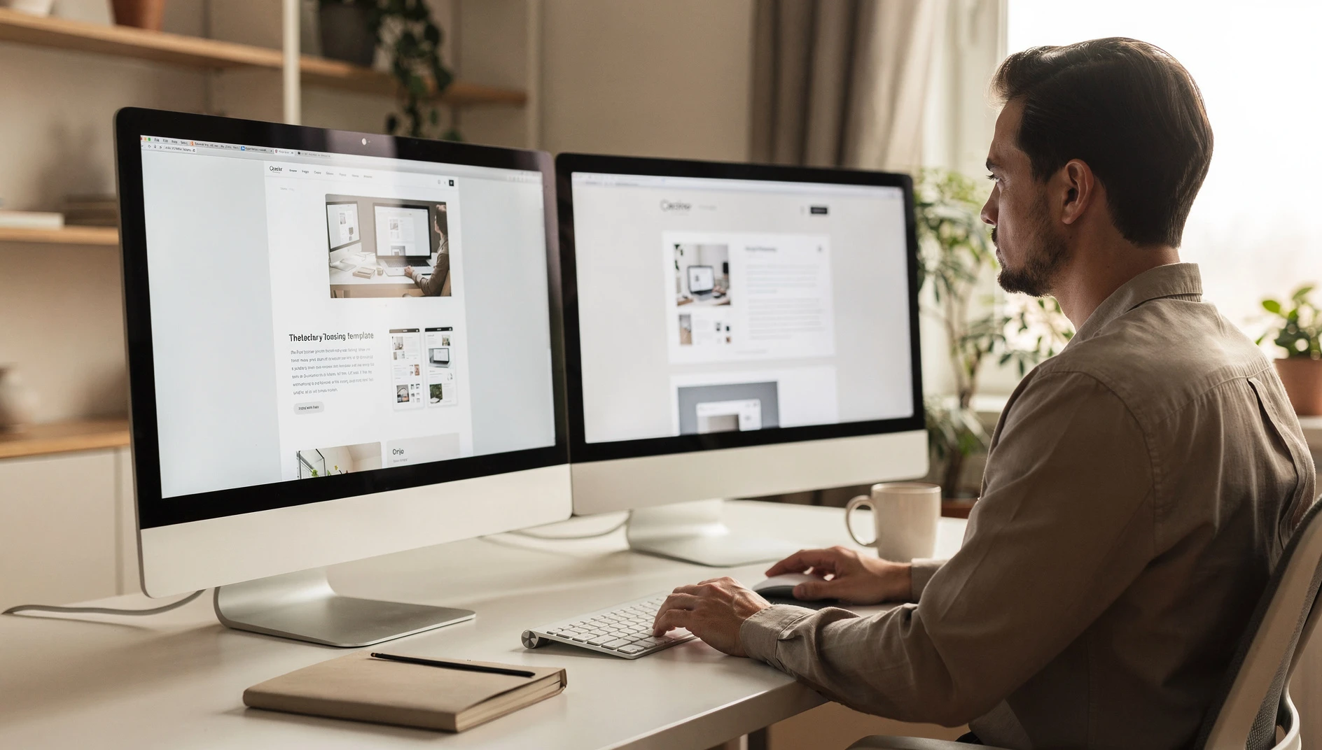 A professional comparing website templates across multiple screens at a bright modern desk