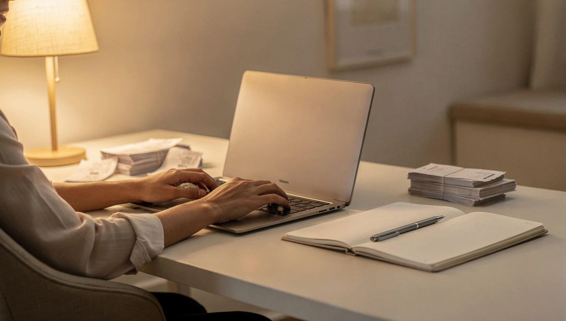 A person working on a laptop with an open notebook and organized receipts on a desk under warm lamp light
