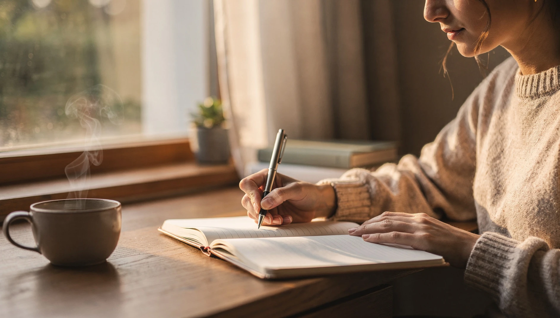 A person writing in a journal at a cozy desk by a window in warm morning light with a coffee cup nearby
