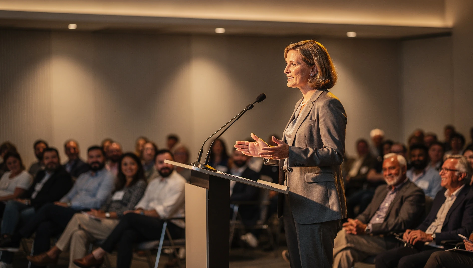 A coach speaking confidently at a podium to an engaged audience in a modern venue with warm stage lighting