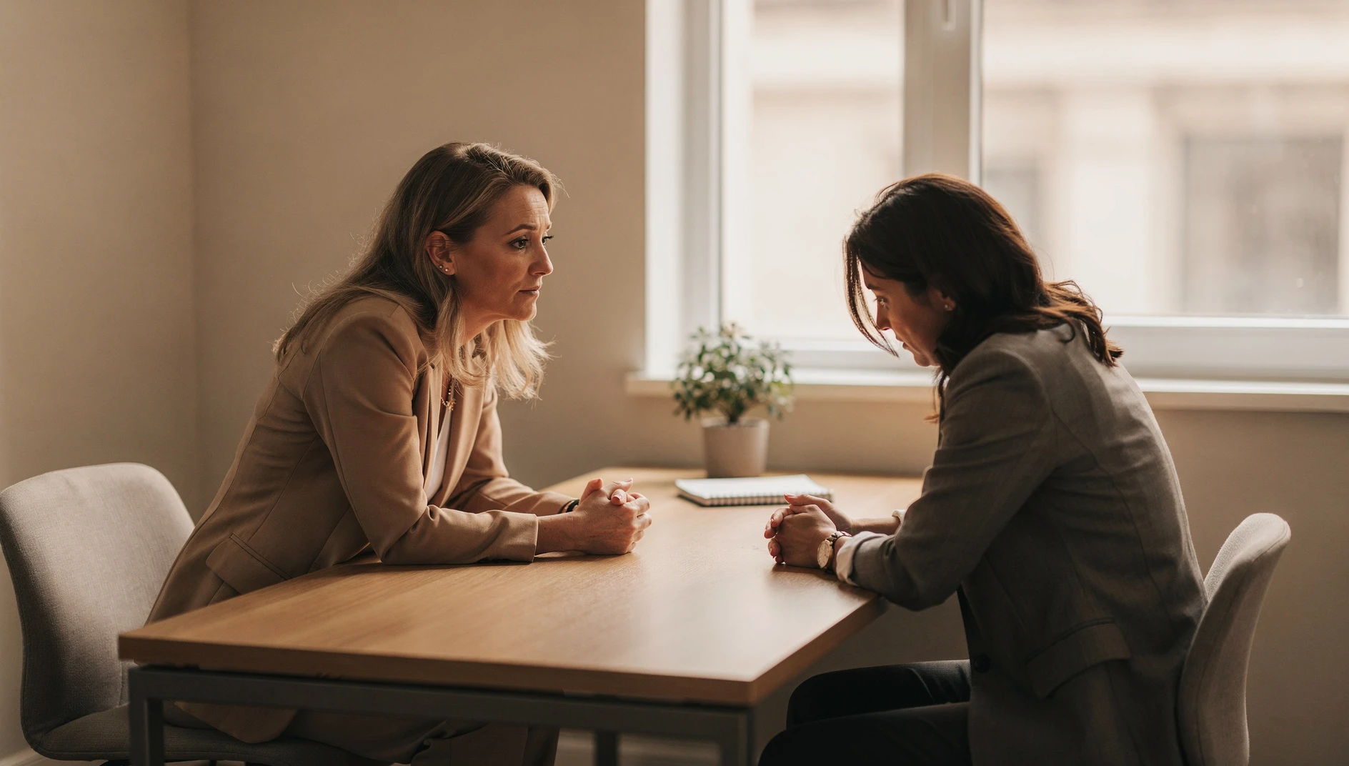 A coach leaning forward with calm concern in conversation with a distressed client in a quiet softly lit office