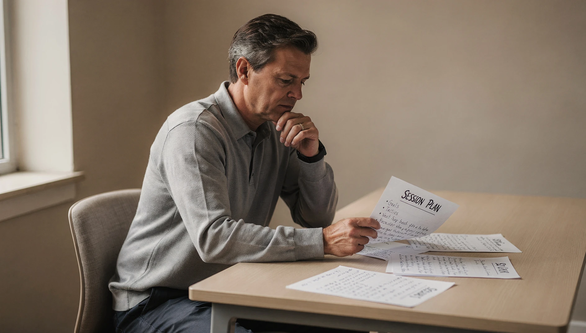 A coach pausing thoughtfully with hand on chin while reviewing notes at a desk in soft natural light