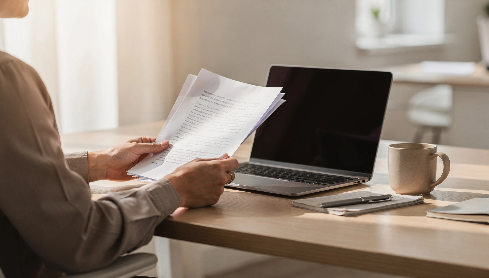 A professional reviewing papers at a clean desk with a laptop and coffee cup in soft window light