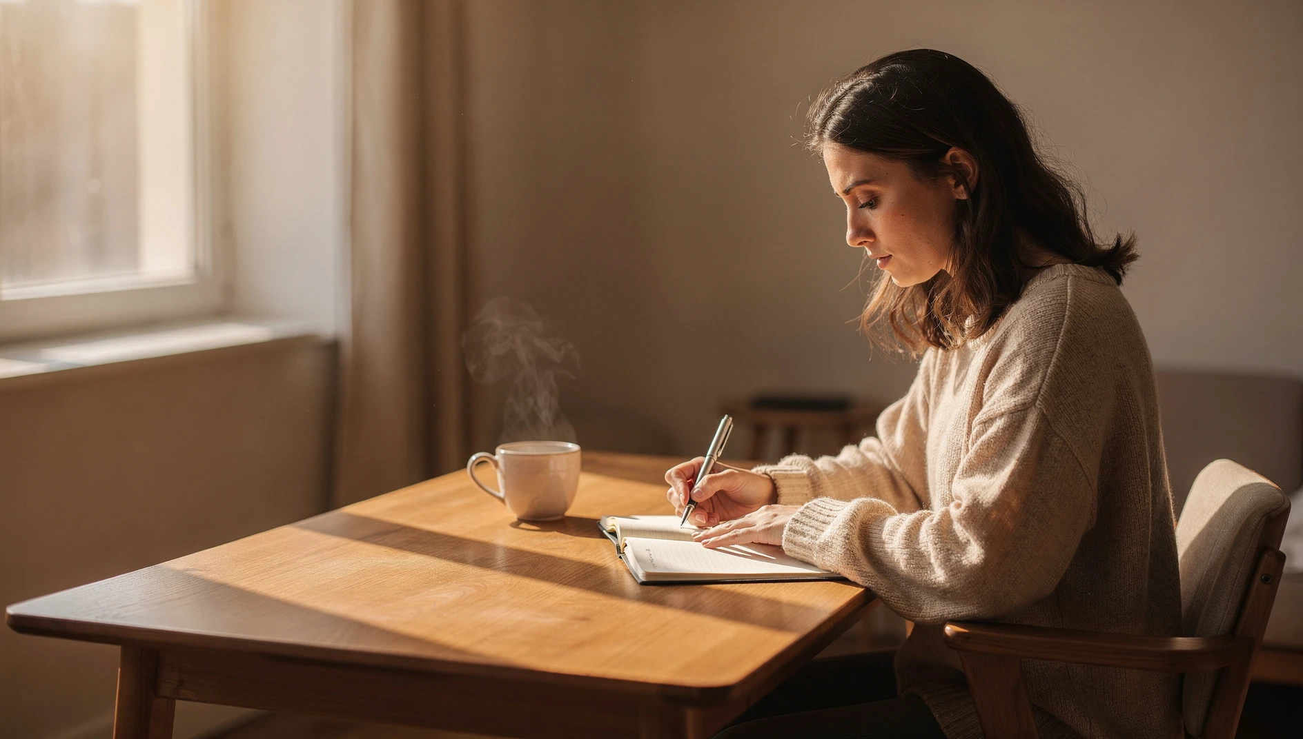 A person writing in a journal at a desk with coffee in warm morning window light