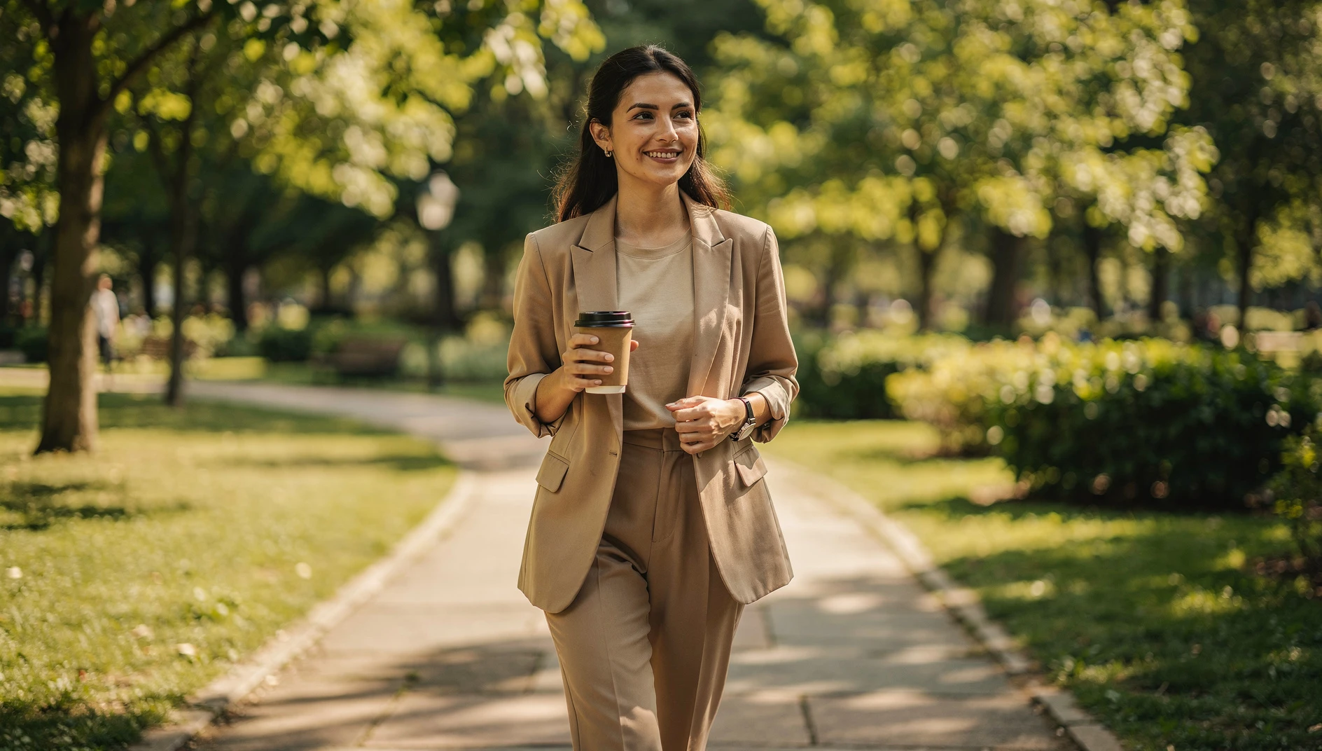 A professional walking outside in a park with a coffee cup in sunny morning light with greenery in the background