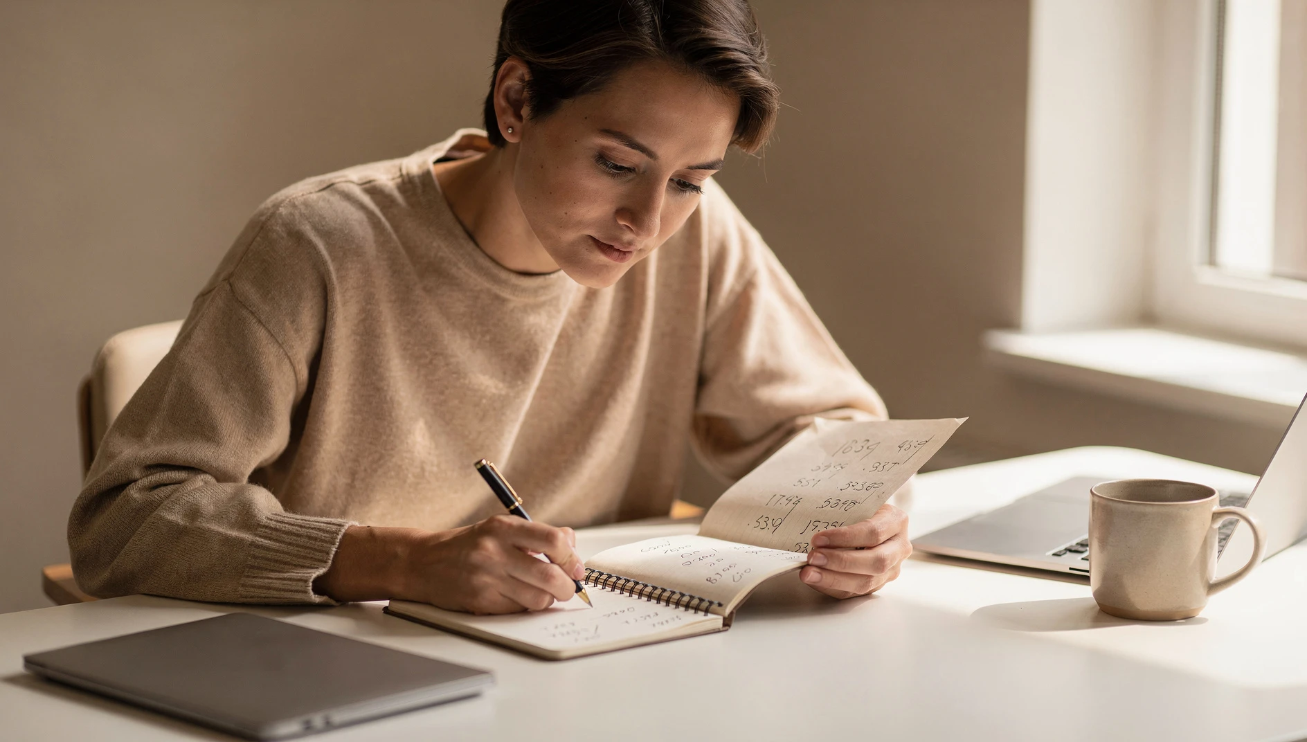 A person reviewing financial documents thoughtfully at a clean desk with soft natural light