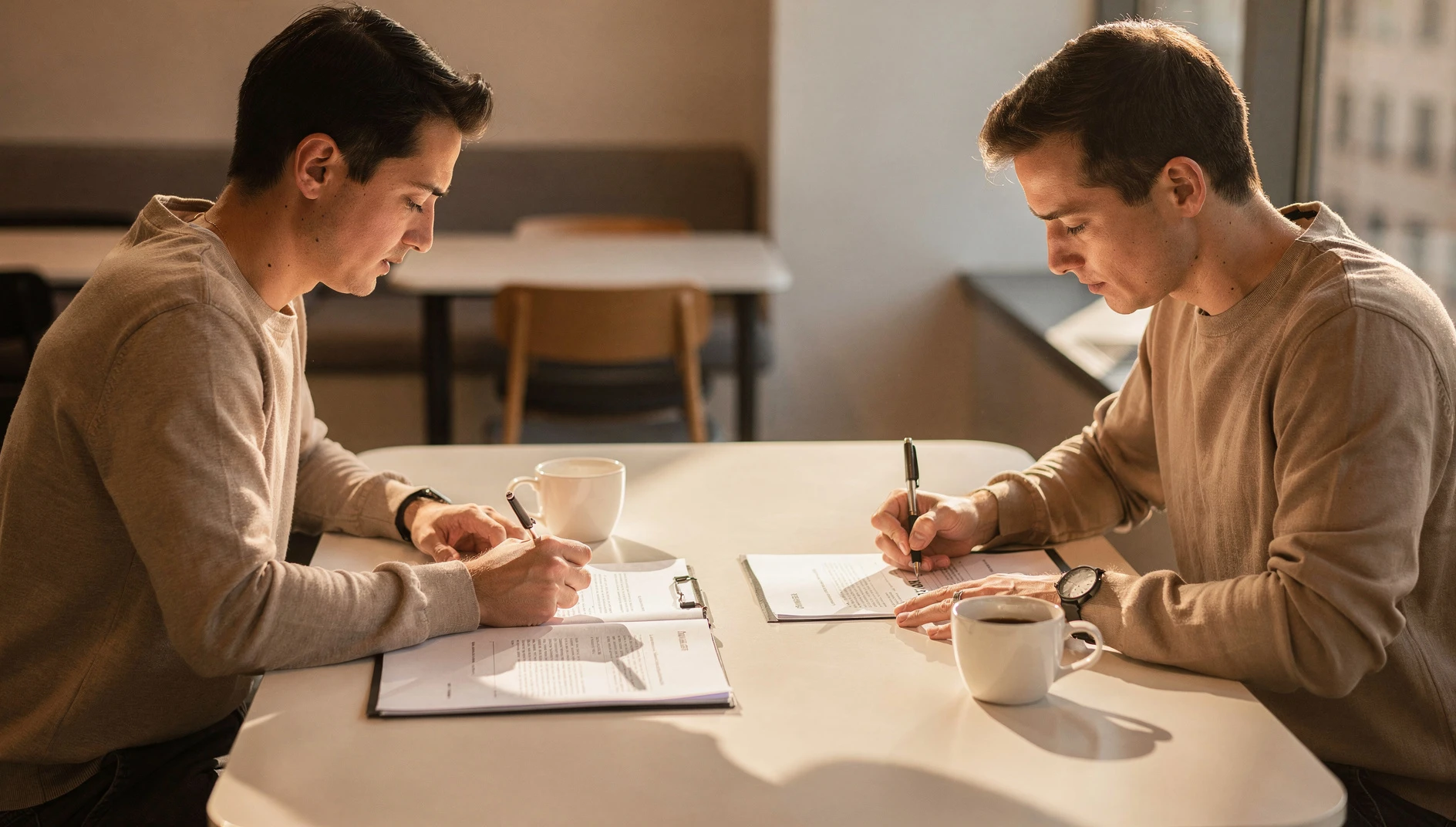 Two people reviewing and signing a document at a table with coffee cups in warm natural light