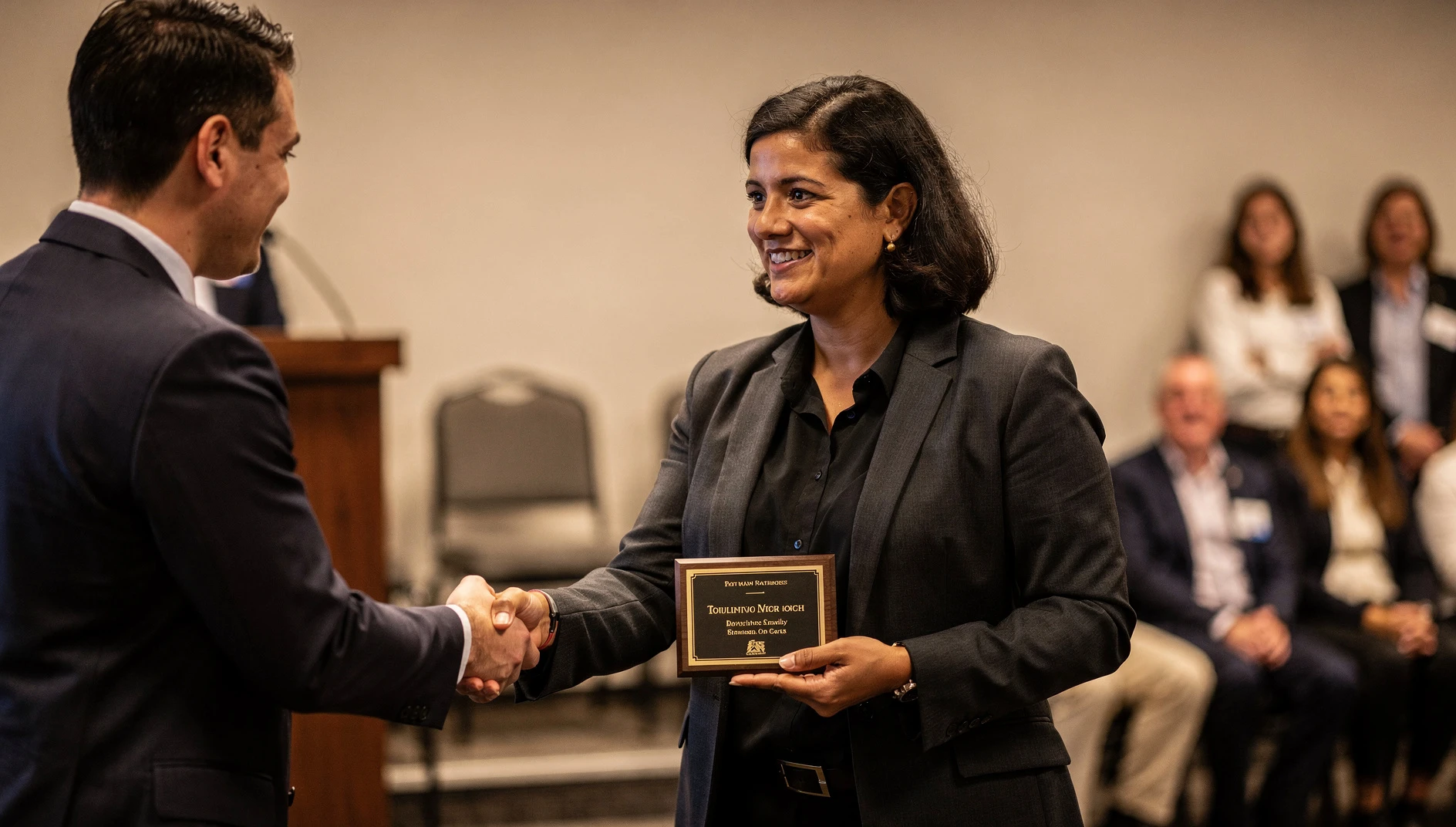 A person receiving a professional award at a recognition event with warm genuine expression