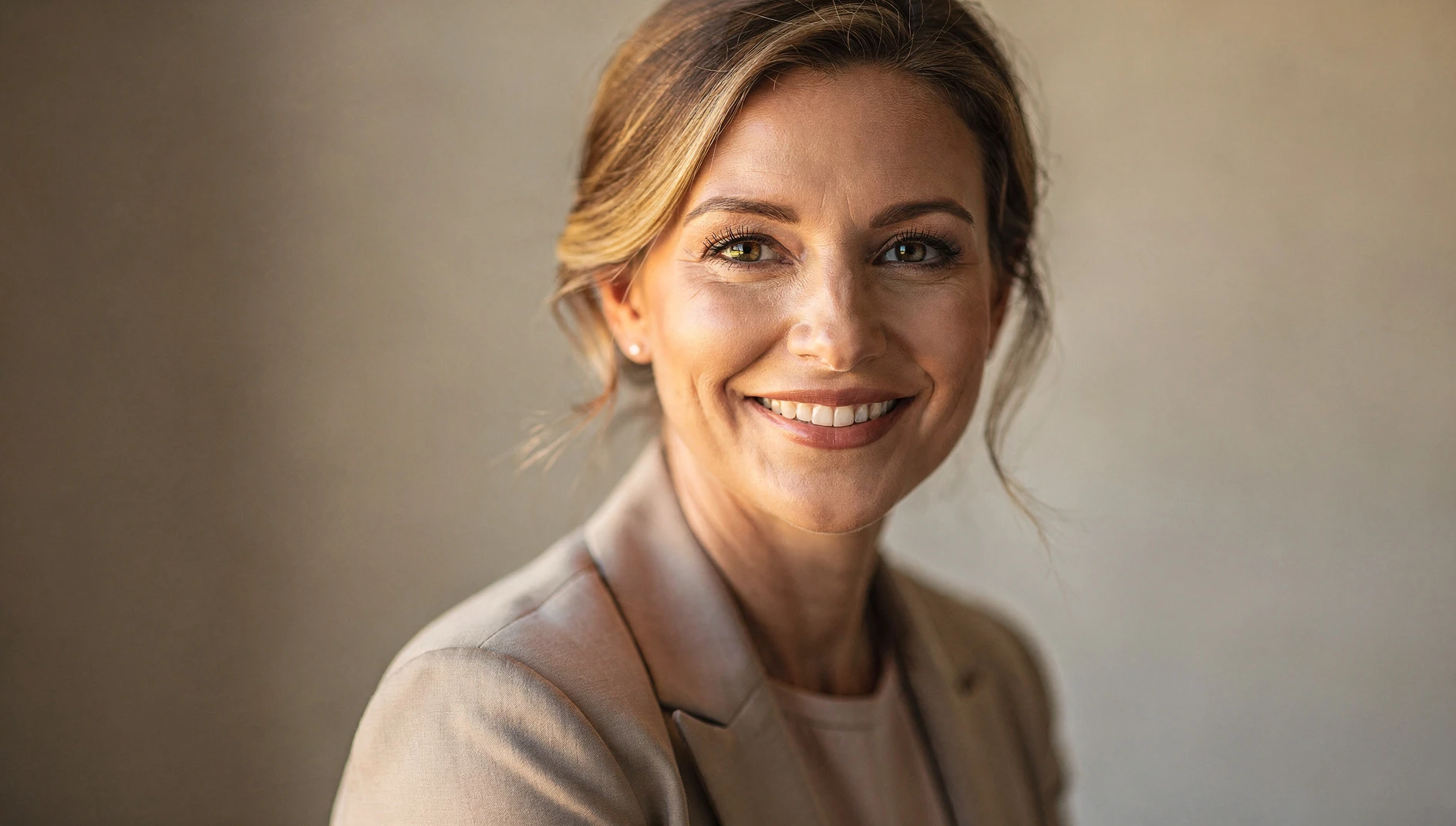 A professional portrait of a person looking warmly and confidently at the camera in natural light