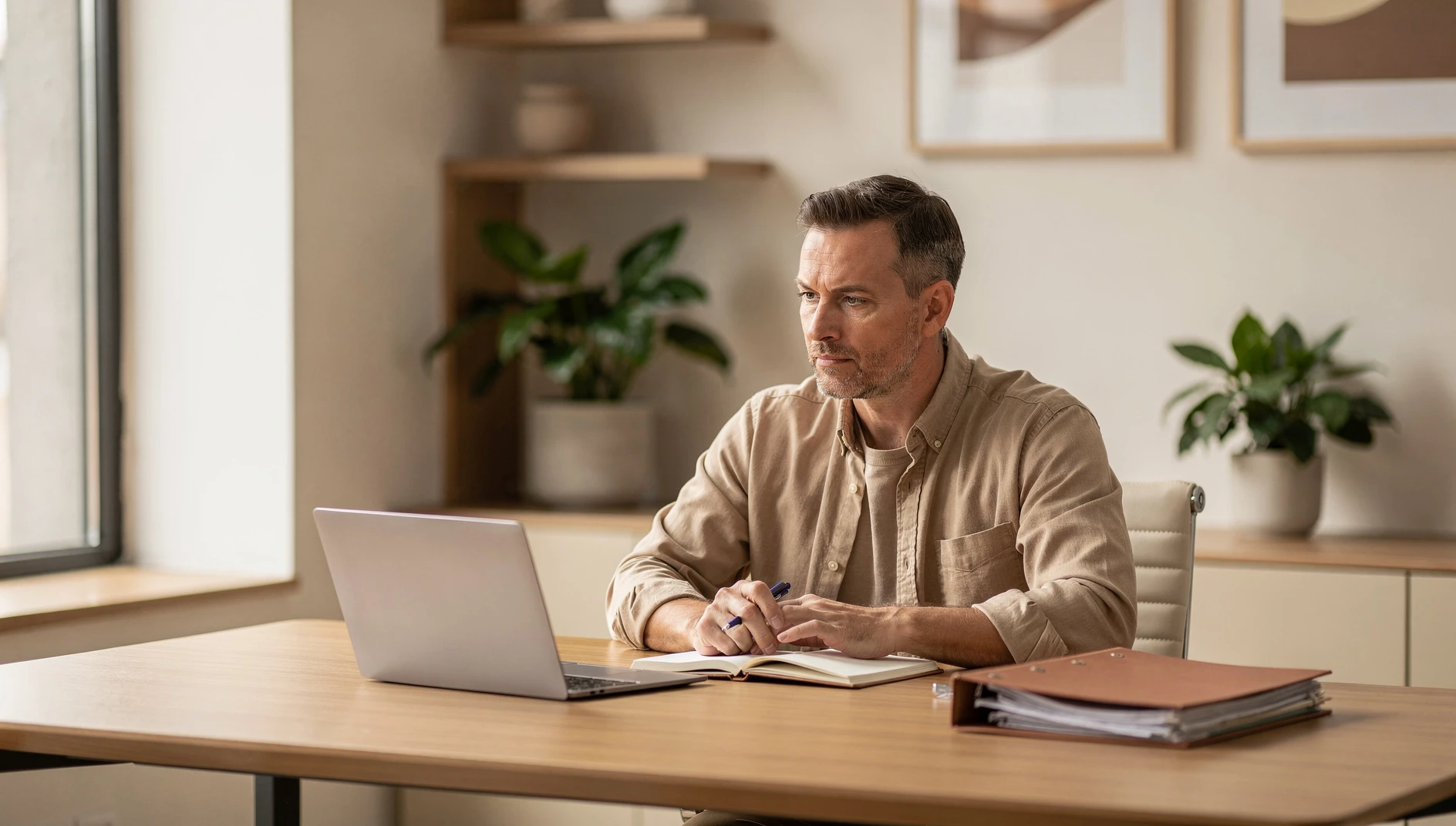 A coach having a professional conversation at a desk with soft natural light and plants in the background