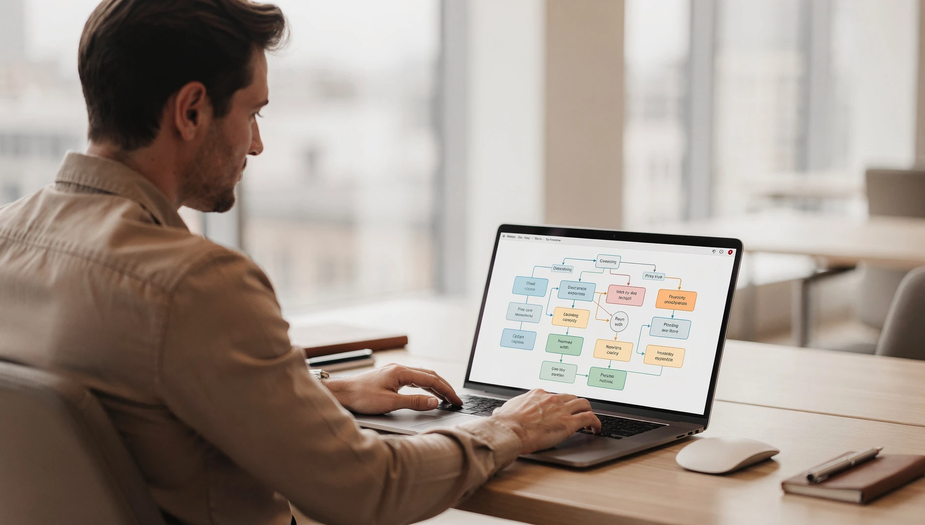 A professional at a laptop in a bright modern workspace reviewing a workflow diagram with soft natural light