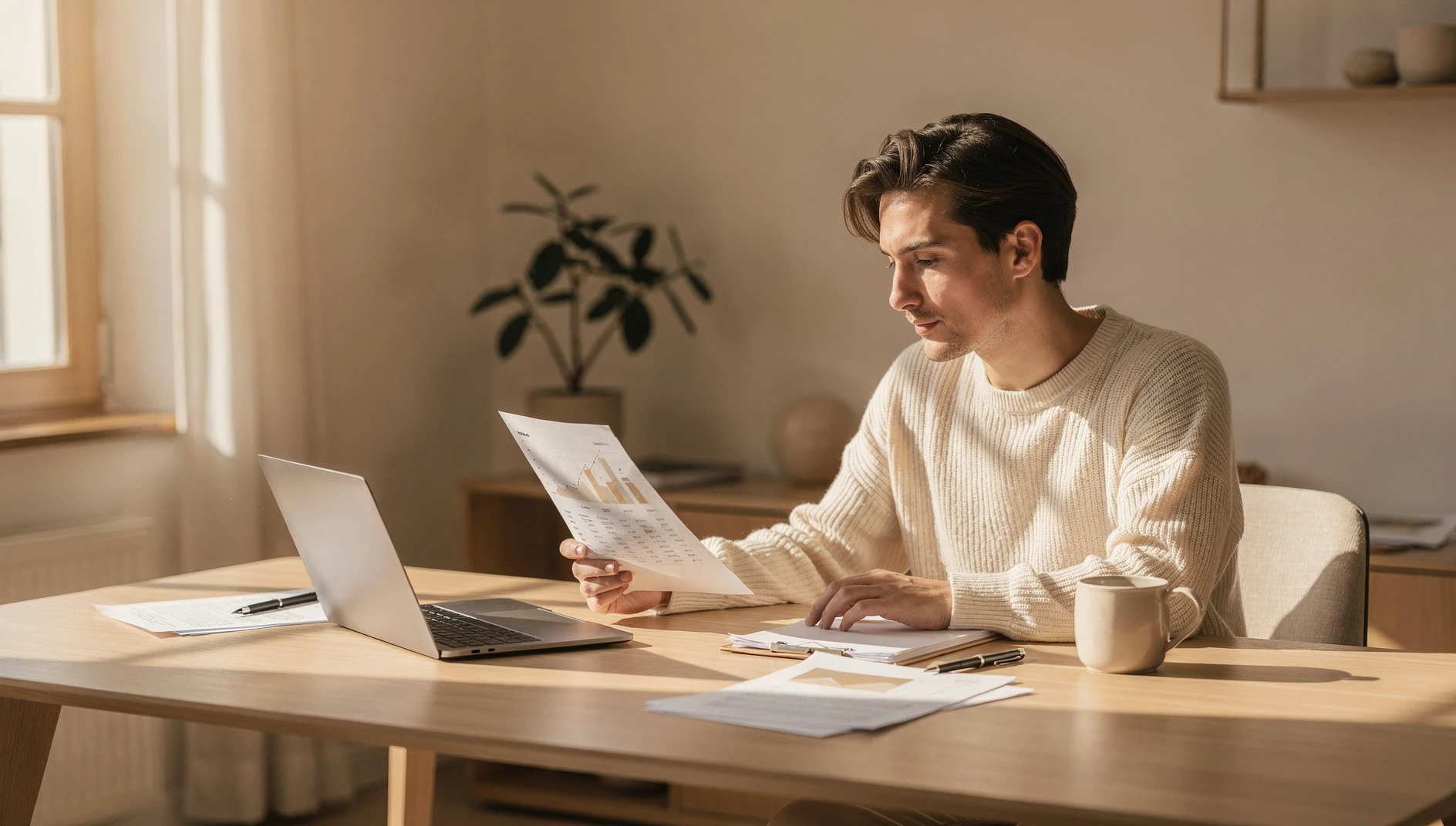 A professional reviewing financial documents at a clean desk with a laptop in warm window light