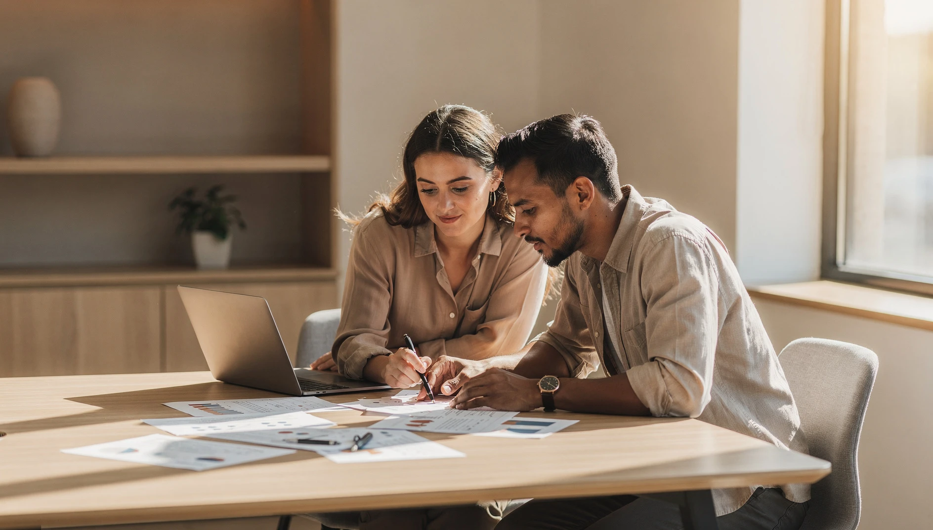 Two professionals reviewing documents together at a bright modern desk with warm natural light and a laptop