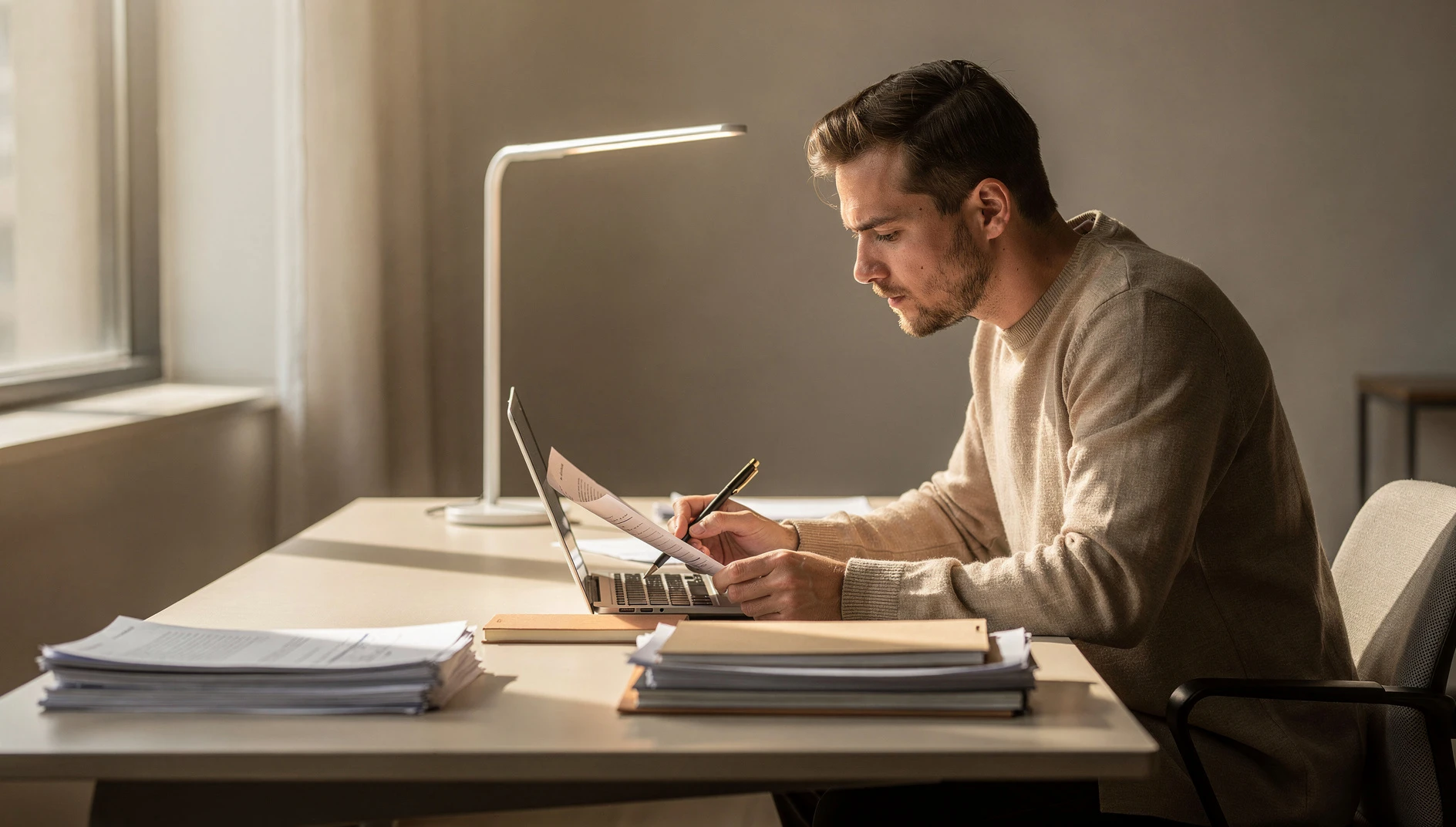 A professional reviewing insurance documents at a clean desk with a laptop and pen in warm natural light