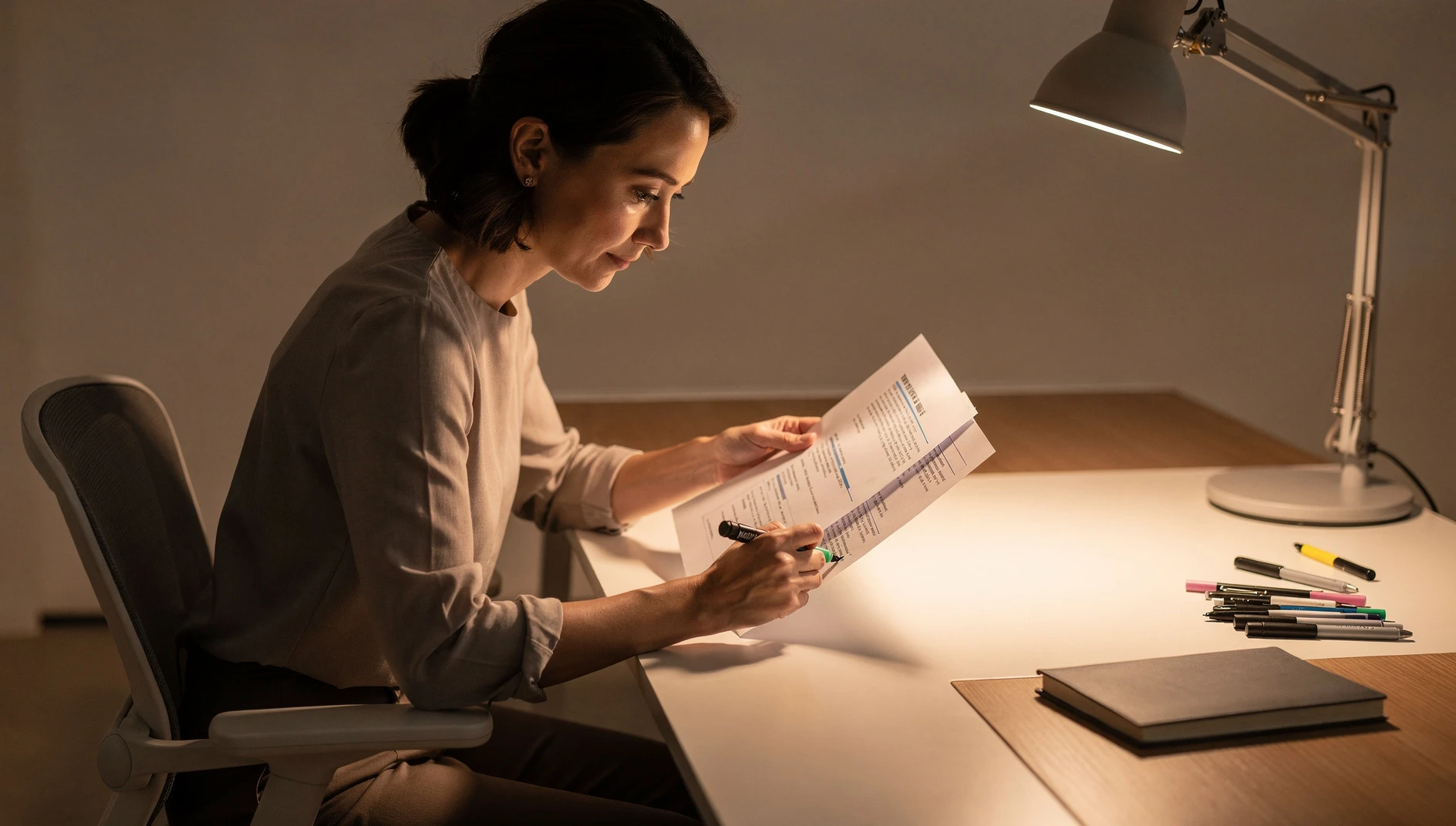 A person reading a detailed document at a clean desk with warm focused lighting and engaged expression