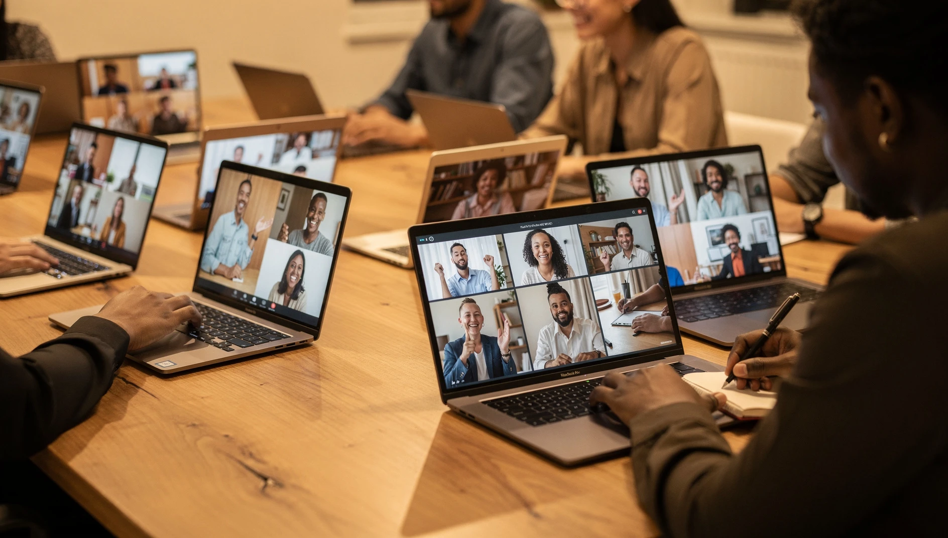 Multiple laptop screens showing participants in an online group workshop in a warm collaborative setting