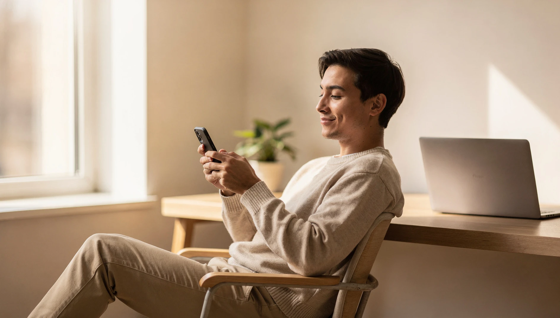 A person sending a message on their phone at a bright desk with natural light
