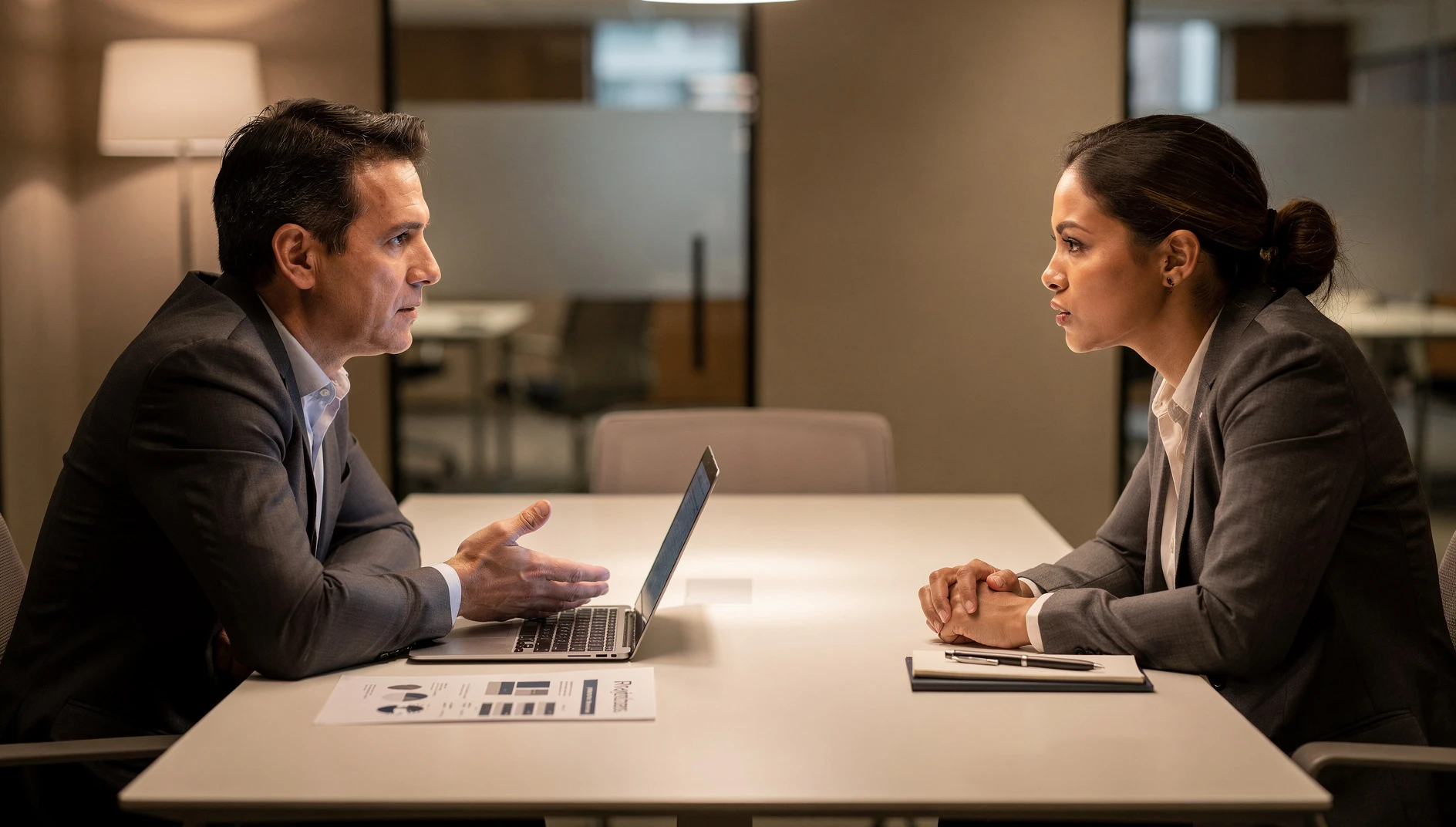 Two professionals at a meeting table reviewing documents with a laptop in warm indoor office light