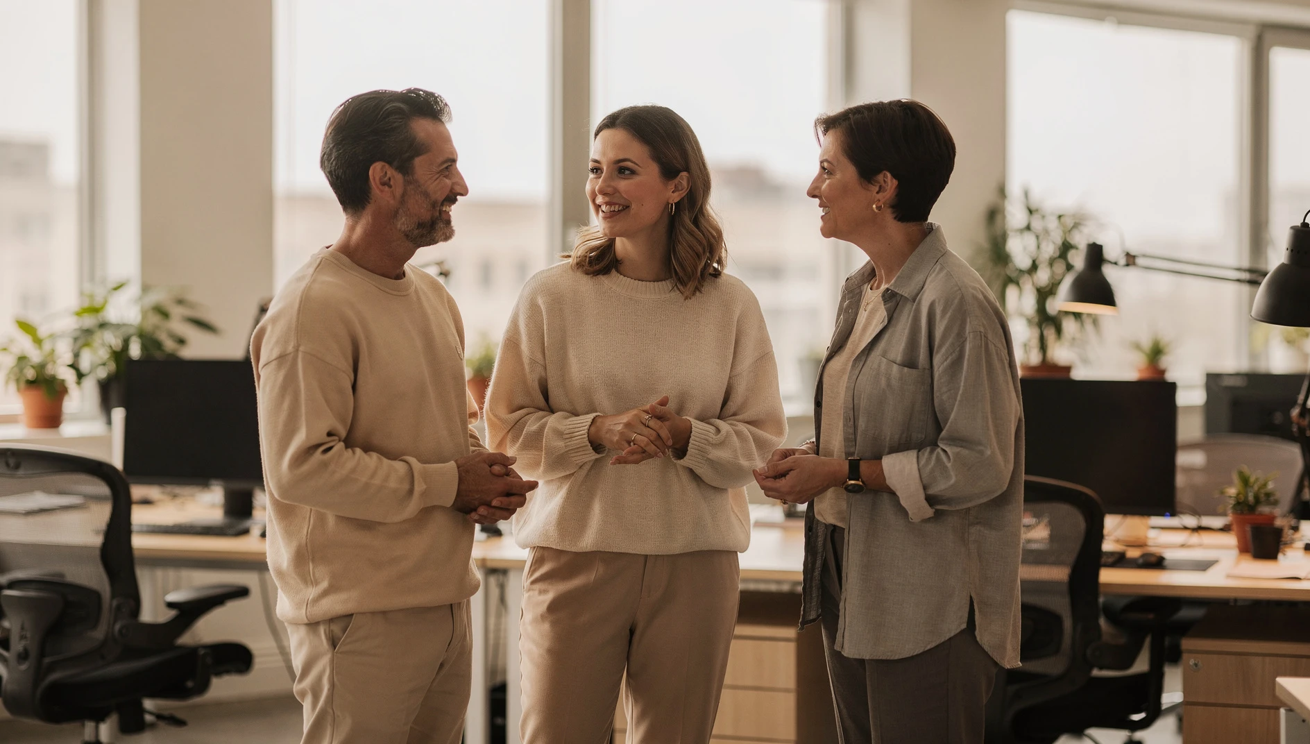 Three colleagues in a modern bright office having a casual standing discussion