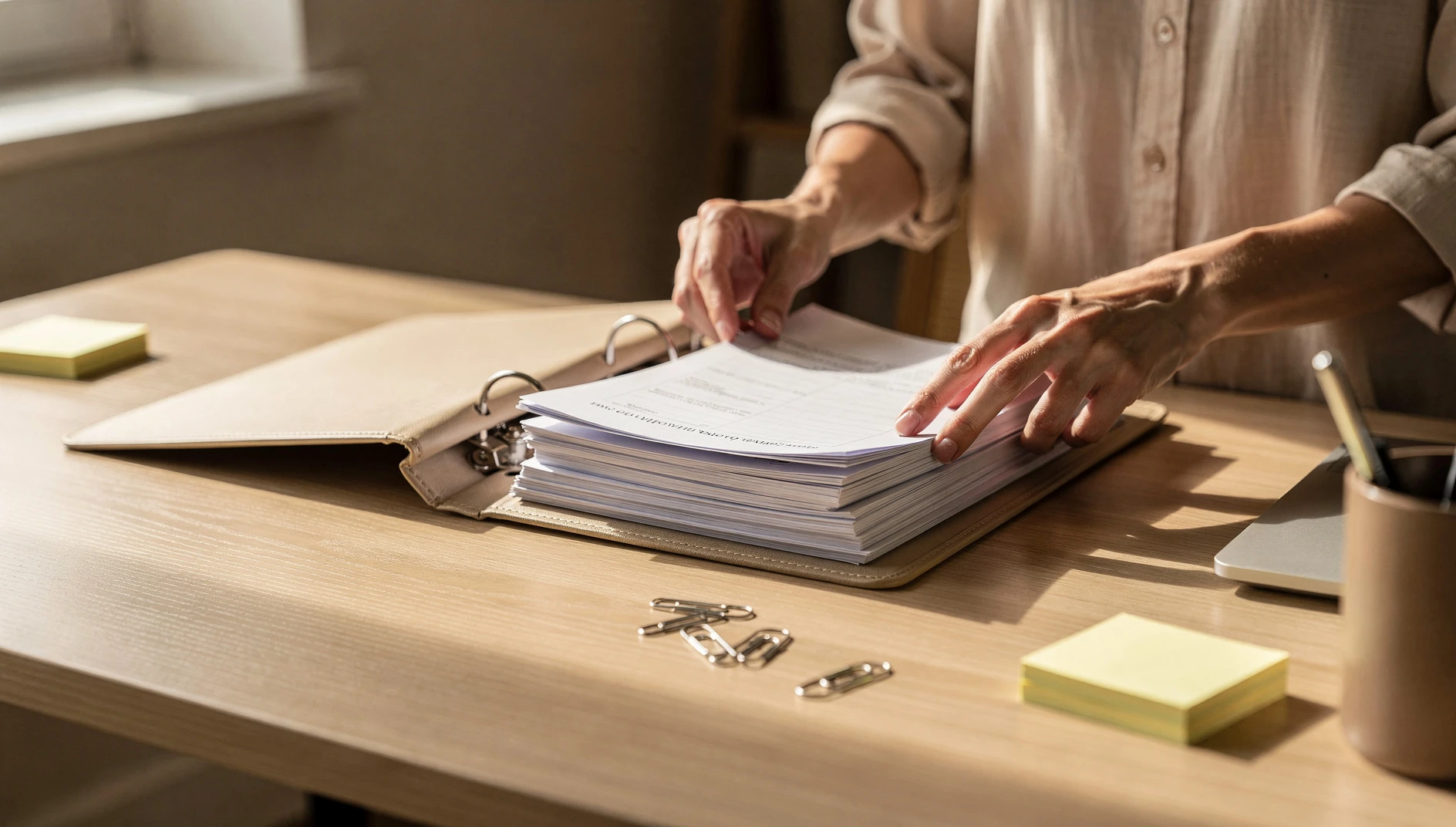 A person organizing printed pages and a binder on a desk in warm natural light for content planning