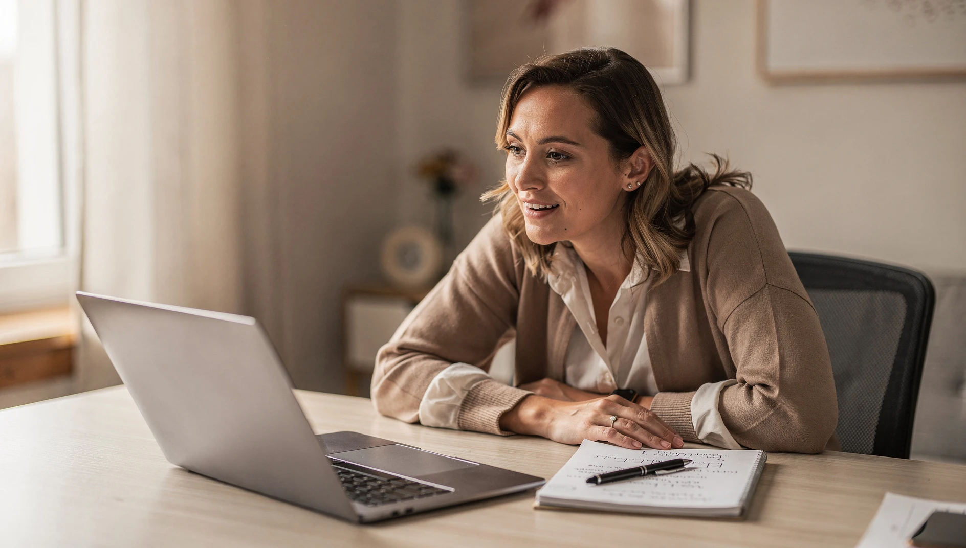 A coach on a focused video call at a home office desk with a notepad and soft natural light