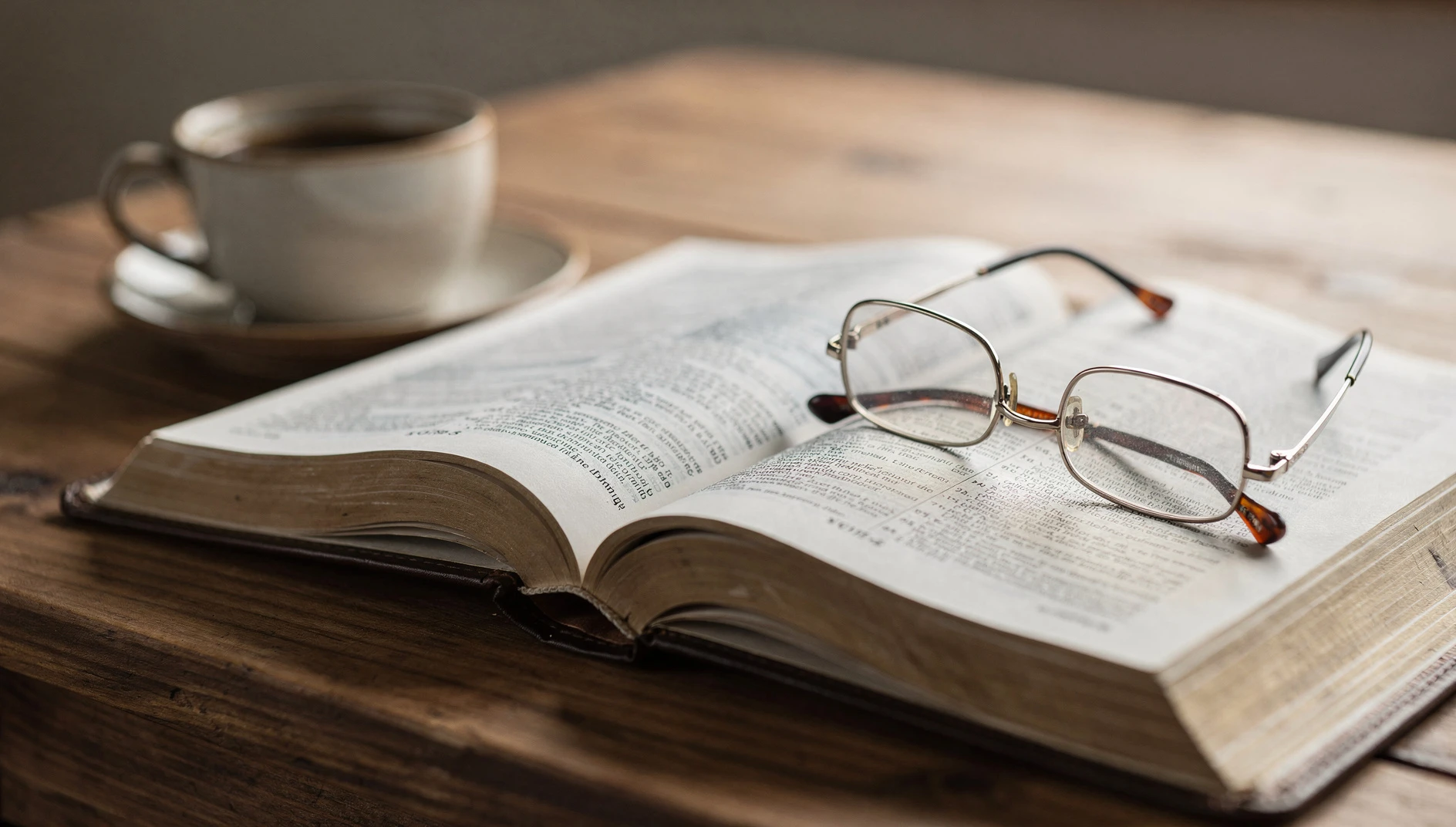 An open reference book on a wooden desk with reading glasses and a coffee cup in soft natural light