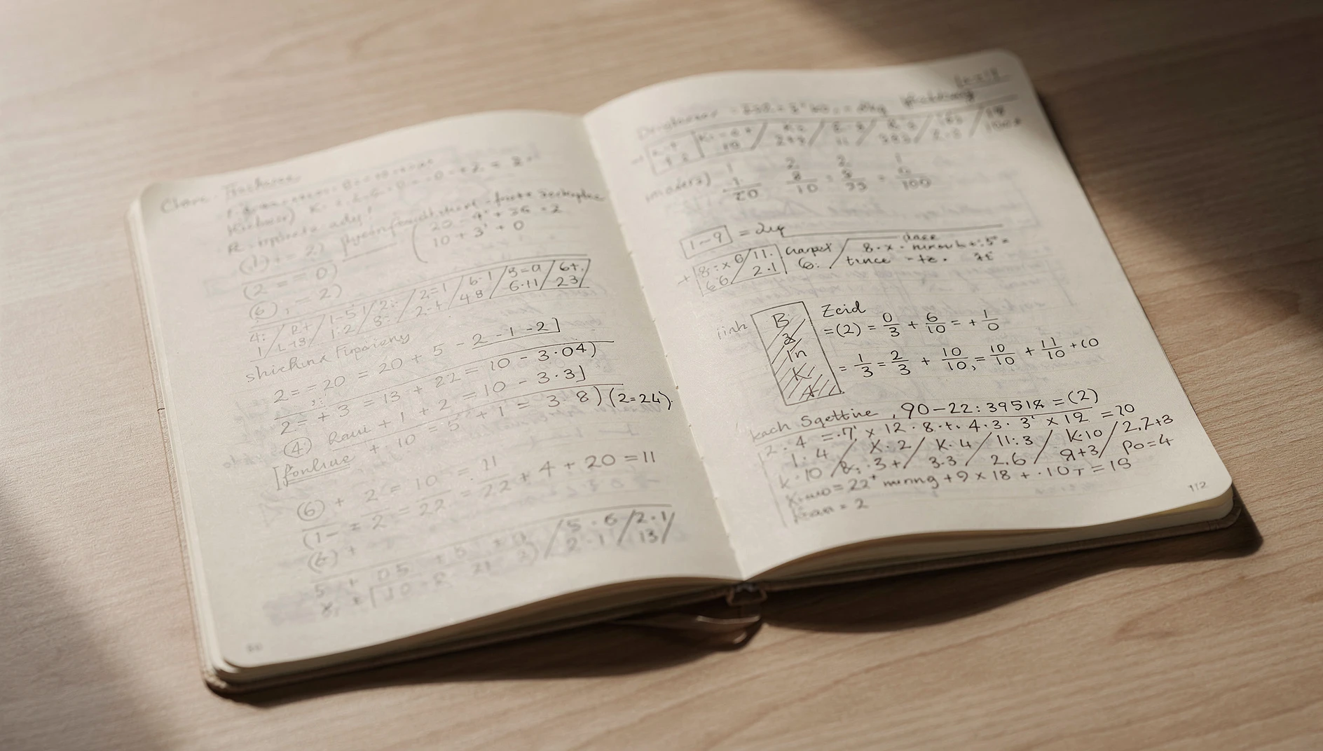 Two open notebooks with handwritten notes side by side on a clean desk in soft overhead light