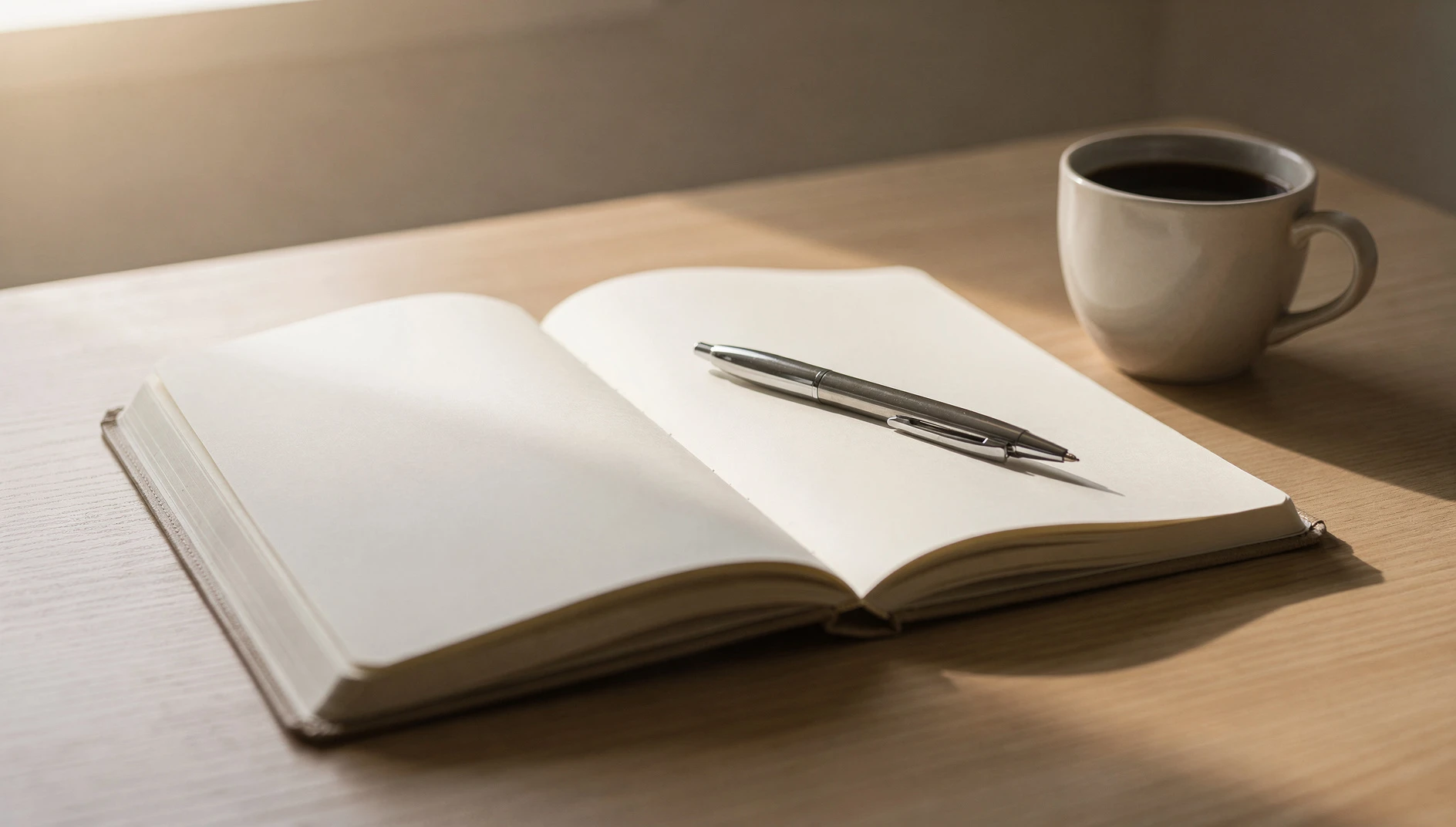 An open journal on a desk with a pen and coffee cup in morning light on a minimal surface