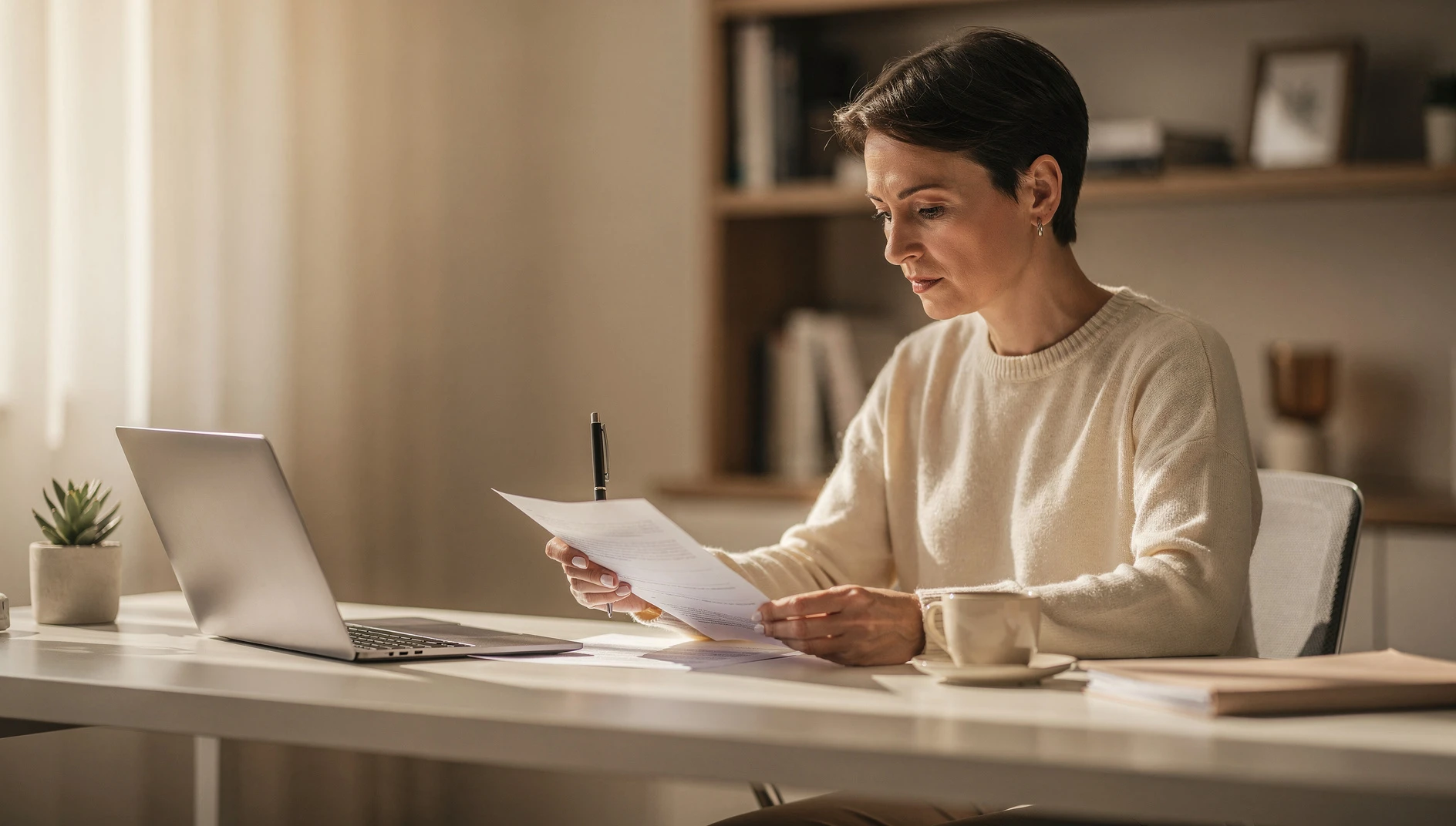 A professional reviewing a document with a pen at a clean desk with warm window light