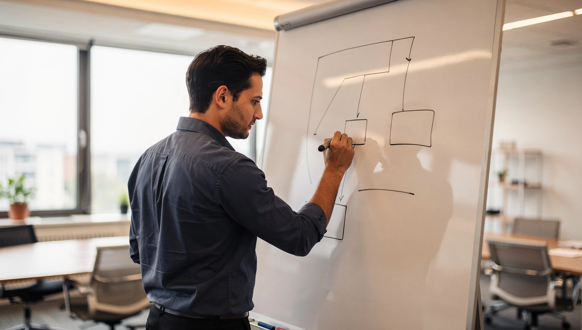 A person drawing a simple framework diagram on a whiteboard in a bright meeting room