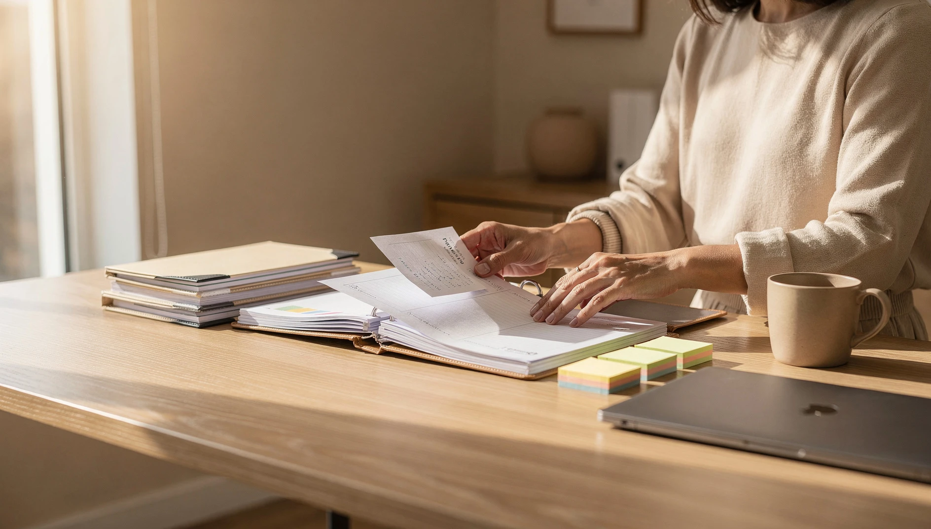 A professional organizing notes on a clean wooden desk in warm afternoon light