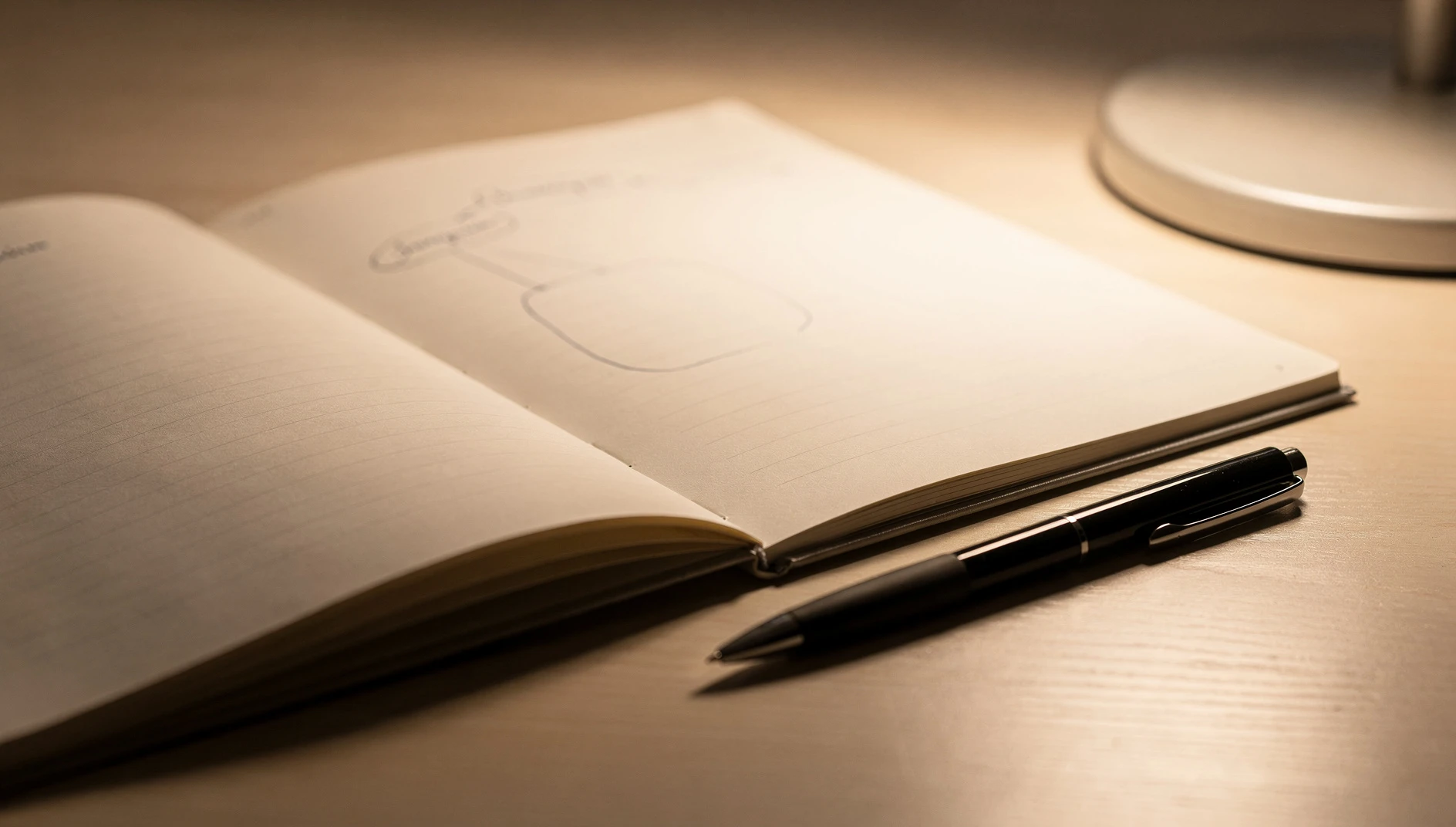 An open notebook with handwritten notes beside a pen on a minimal wooden desk in warm lamp light