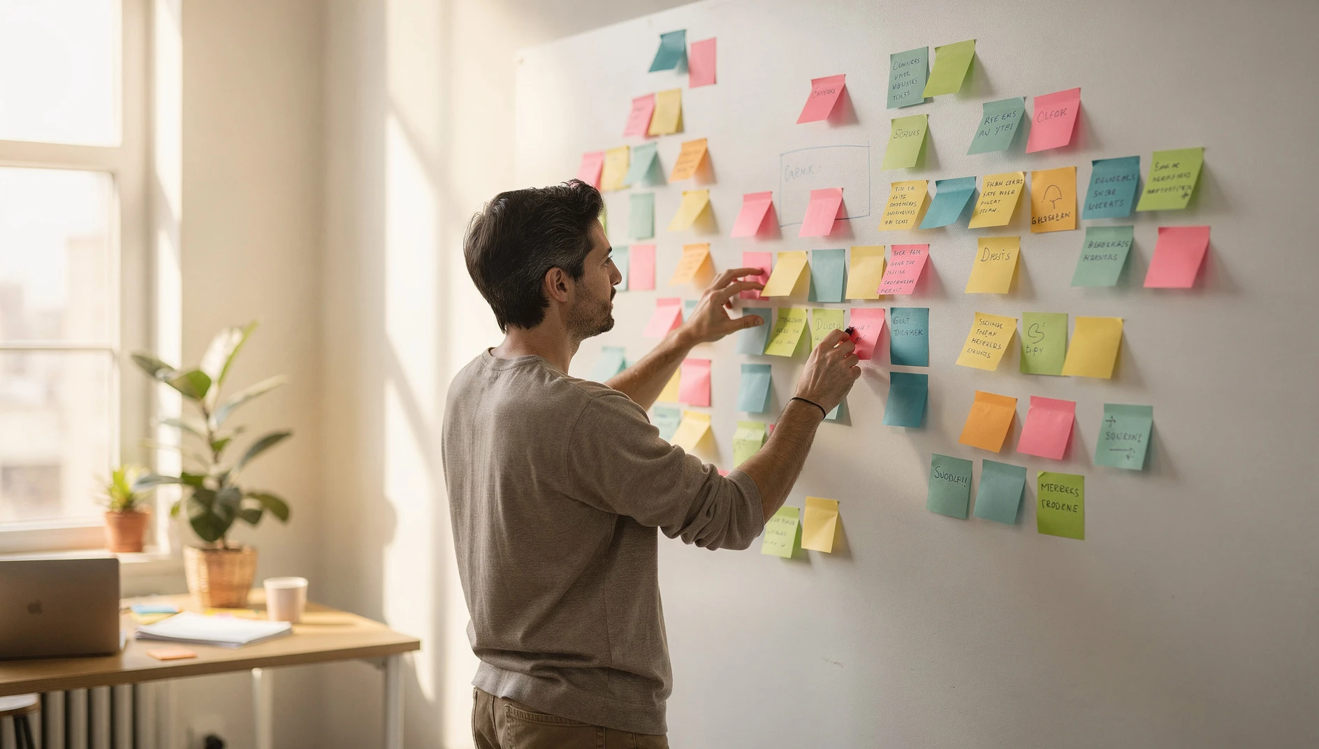 A person brainstorming with sticky notes on a wall in a creative workspace with natural light