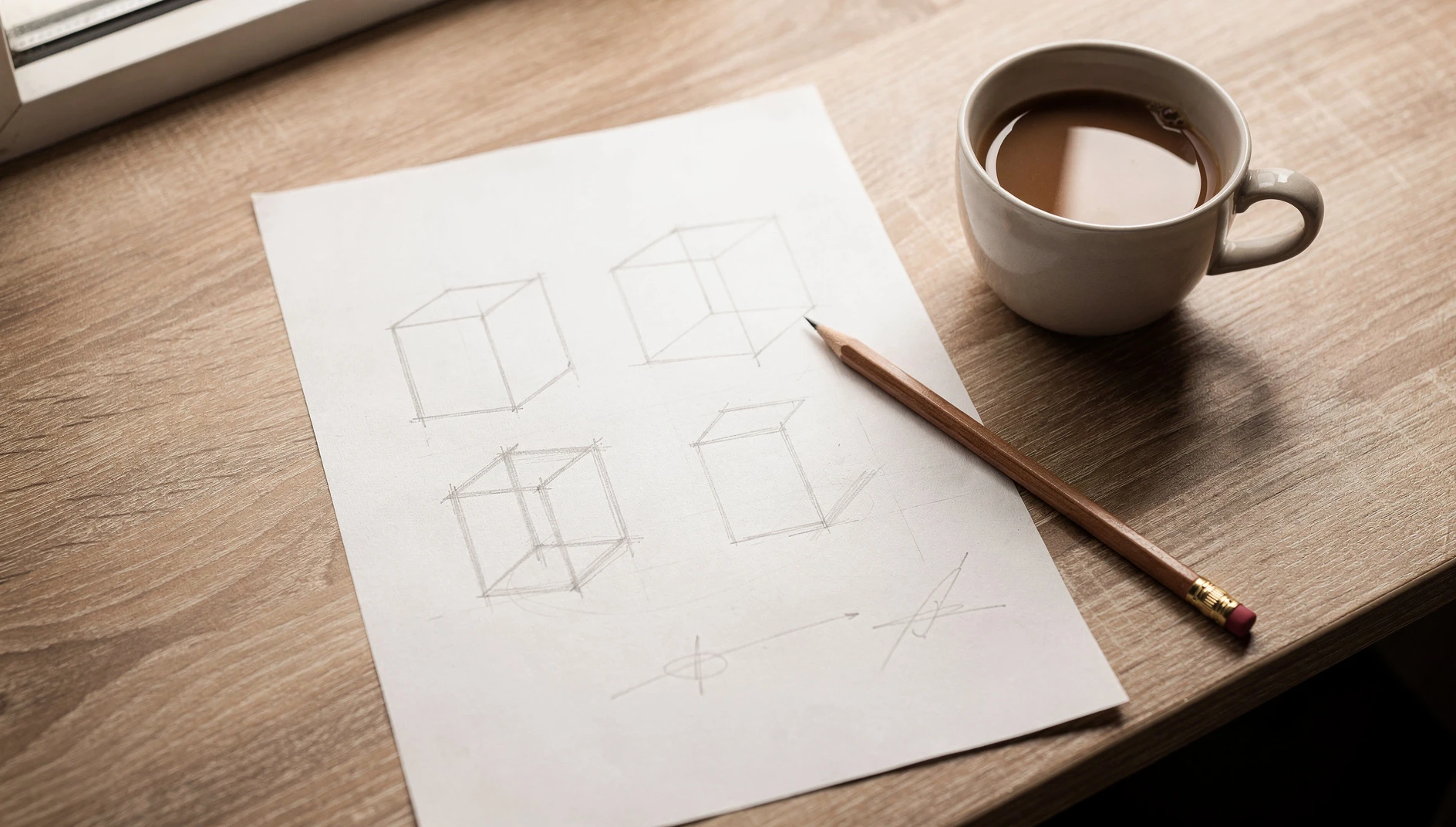 Simple box diagrams sketched on paper representing different structures on a desk with coffee and pencil