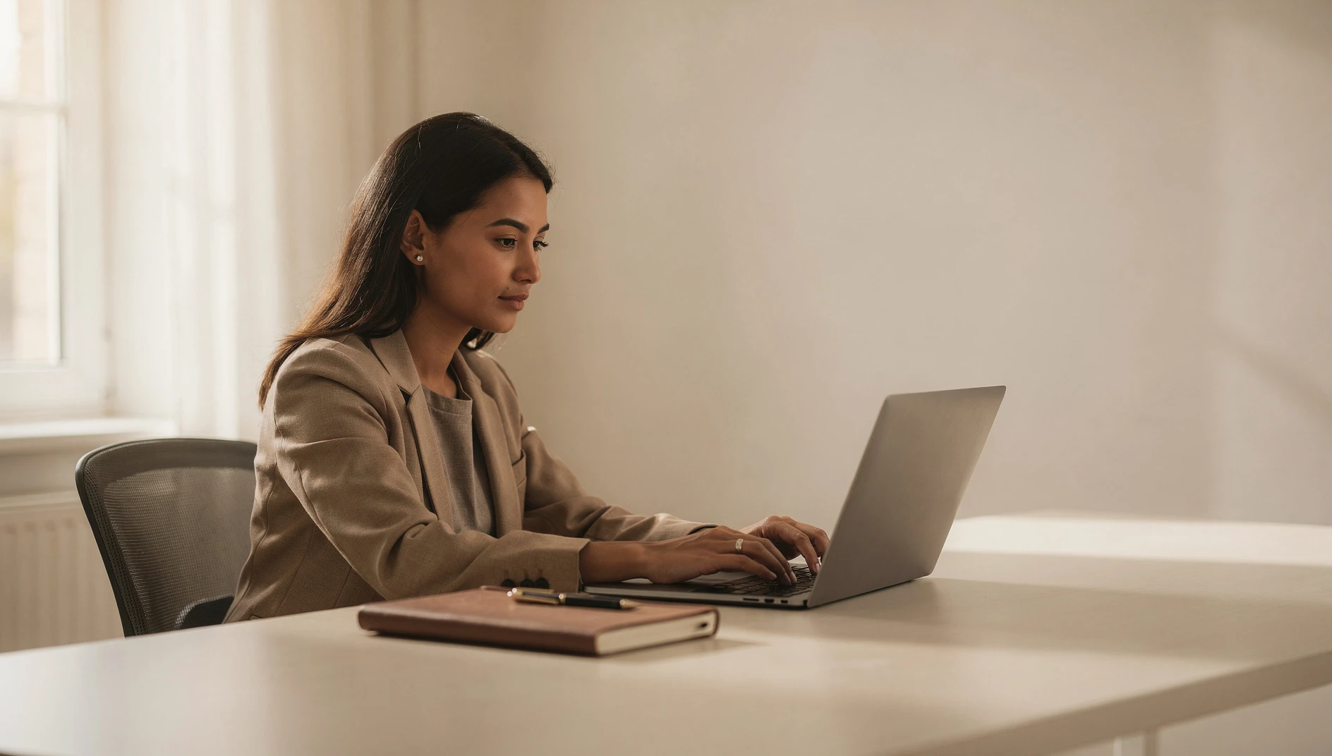 A professional sitting at a tidy desk looking at a laptop with a notebook and pen nearby in soft natural light