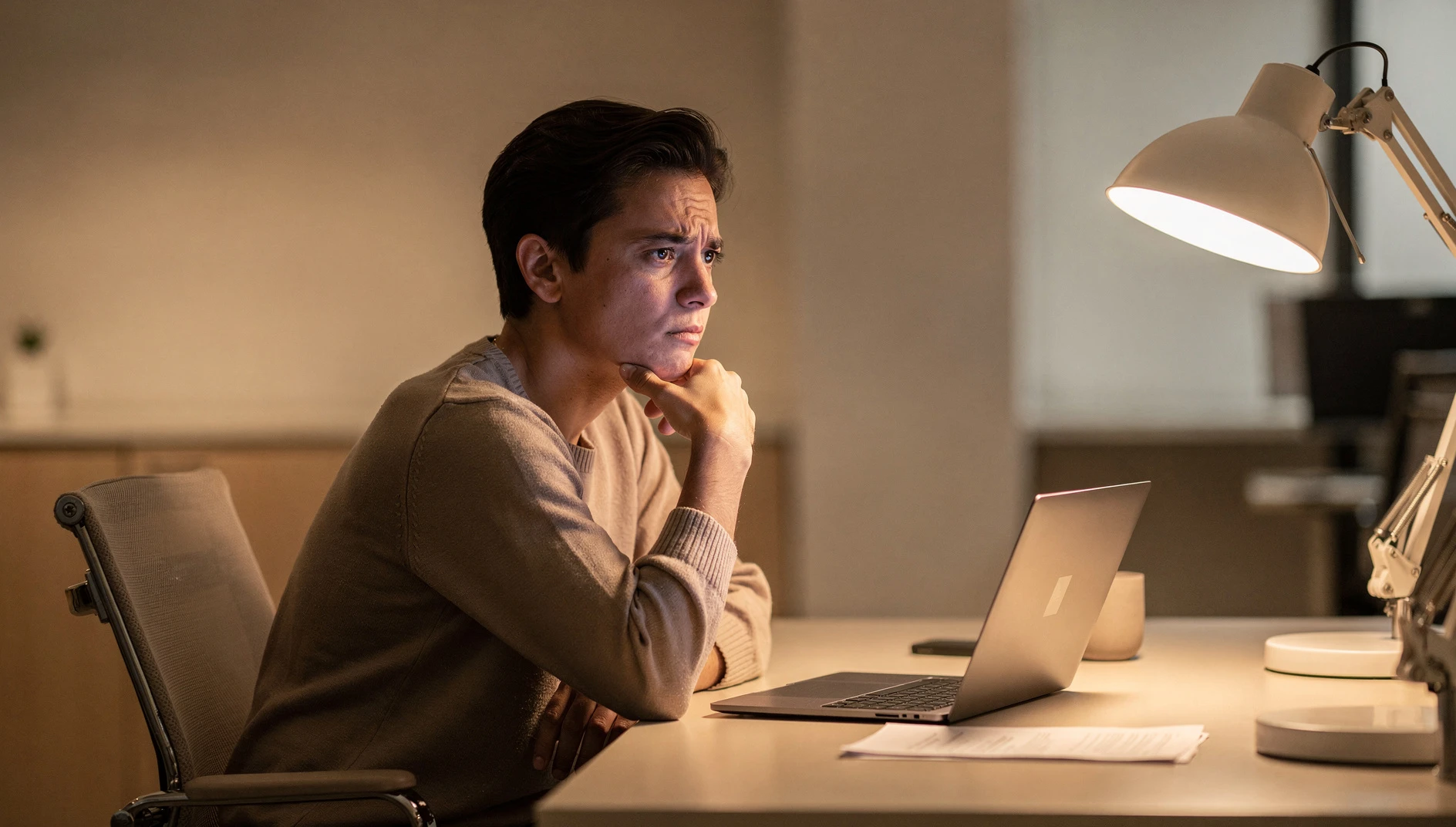 A person thoughtfully considering a decision at a desk with soft warm office light