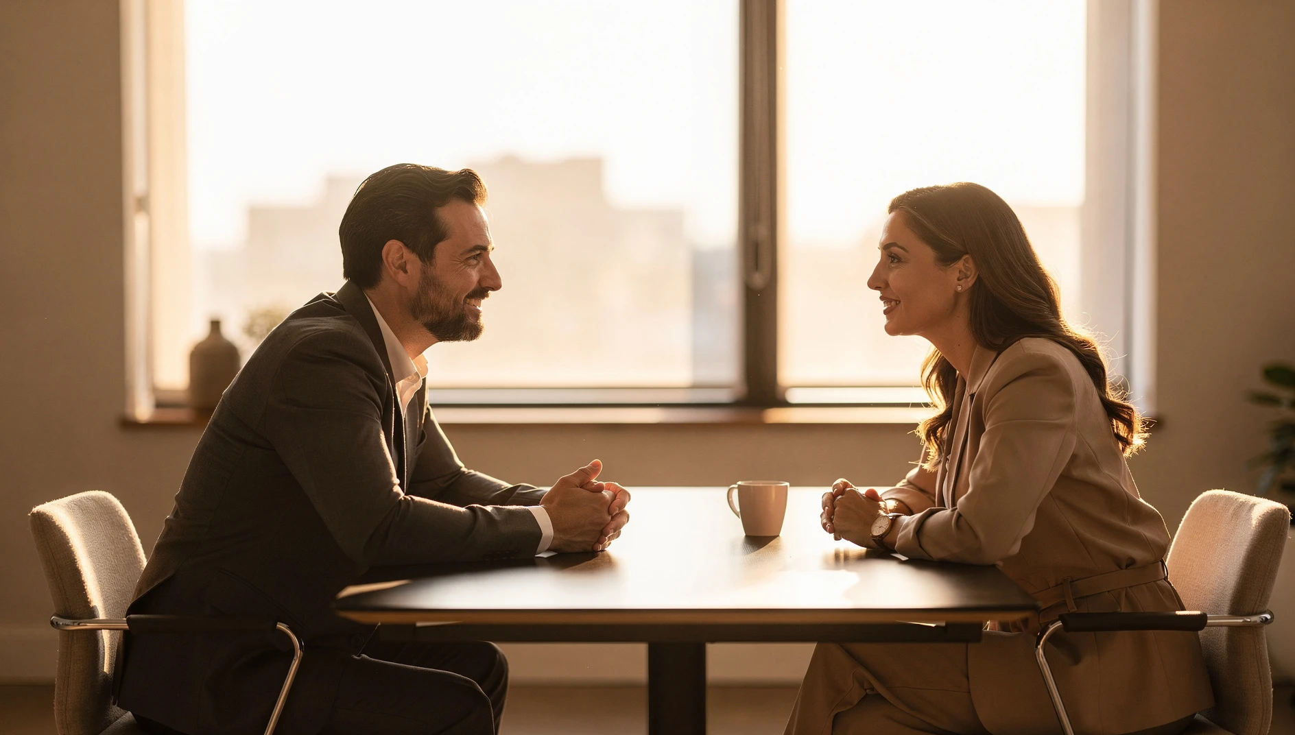 A coach and potential client in relaxed conversation at a modern table with warm afternoon light