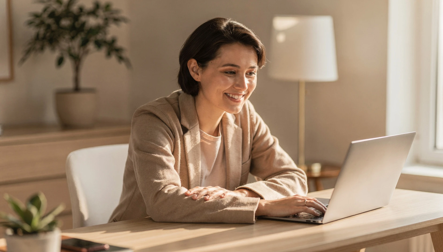 A person reading positive reviews on a laptop screen at a bright modern desk with soft natural light