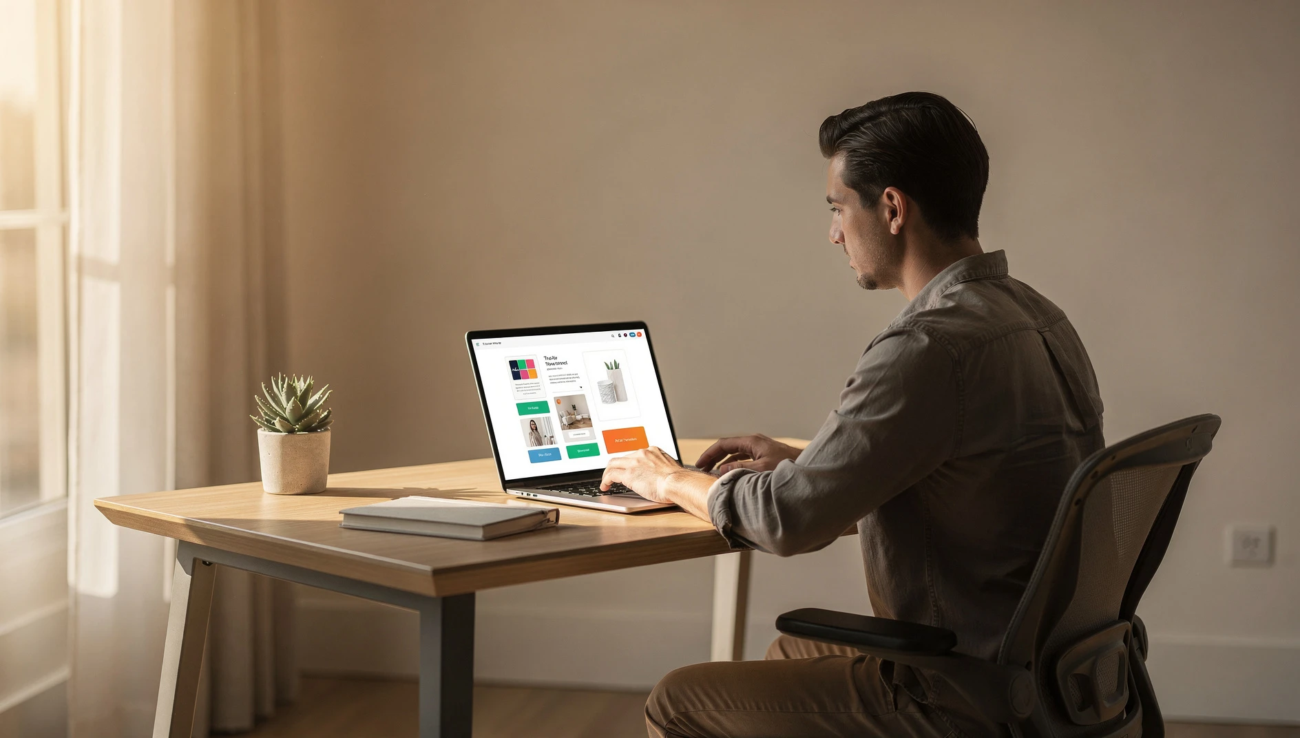 A professional reviewing a website design on a laptop at a clean wooden desk in warm natural light