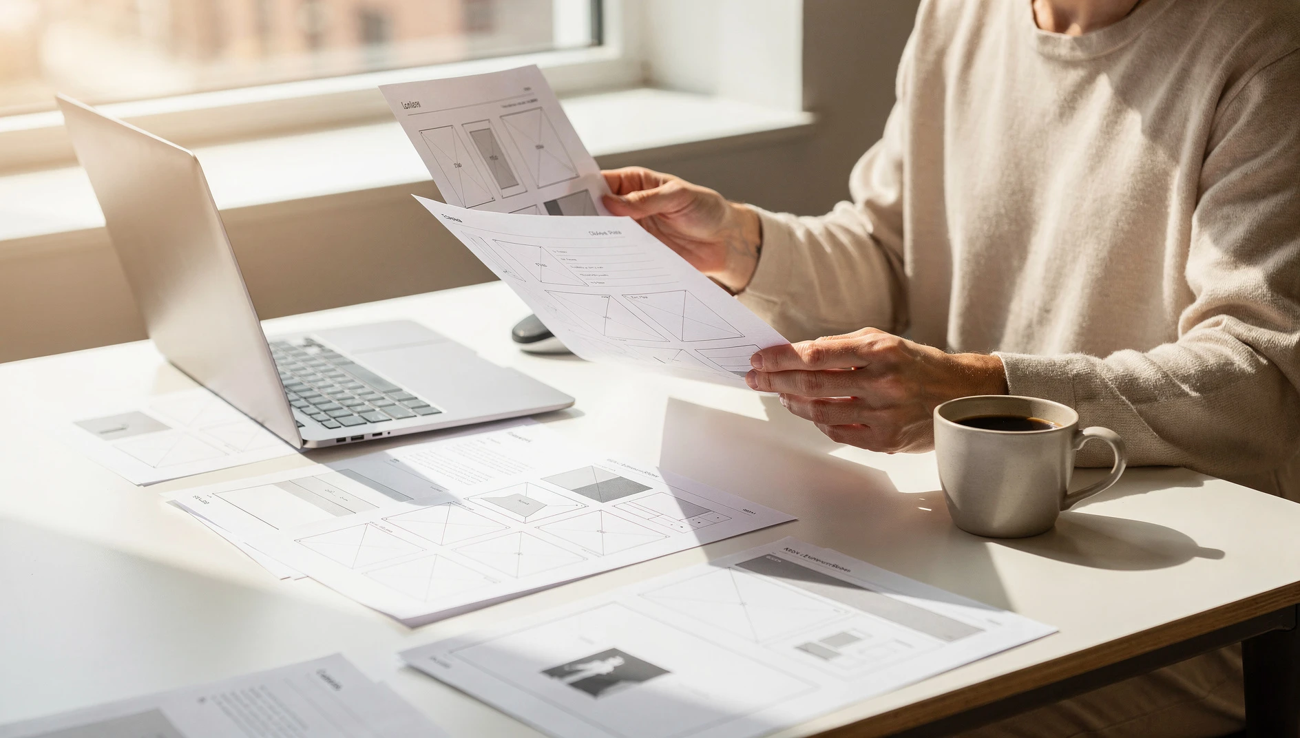 A person reviewing website wireframe printouts at a bright desk with a coffee cup and soft natural light