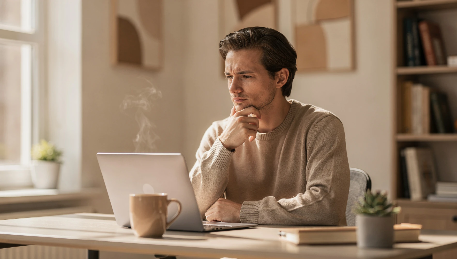 A person reading client feedback on a laptop in a bright home office with natural window light